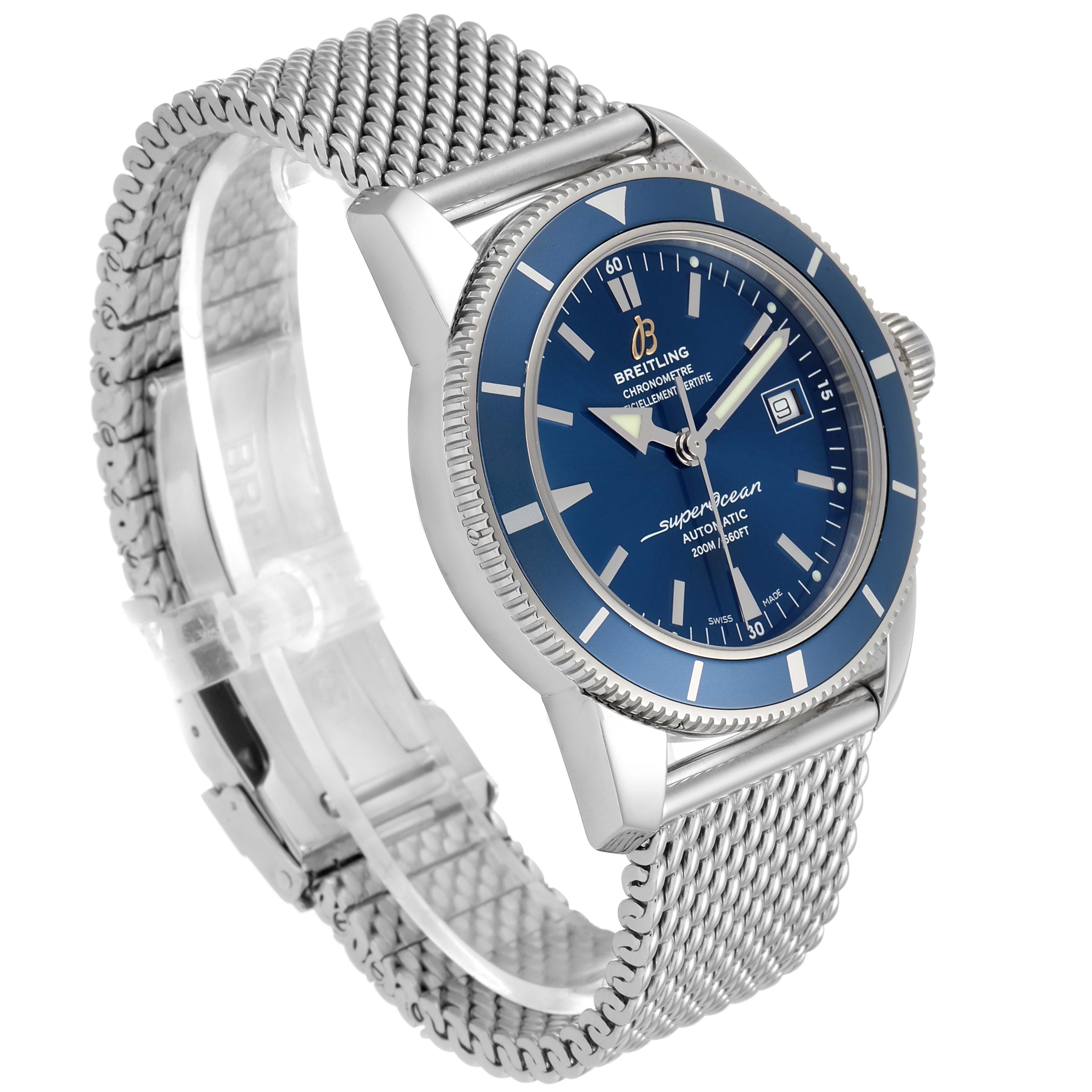The Breitling Superocean A17321 Men's Stainless Steel Blue Dial A17321 Men's Stainless Steel Blue Dial watch is shown at a three-quarter angle, highlighting its blue dial, date window, and mesh bracelet.