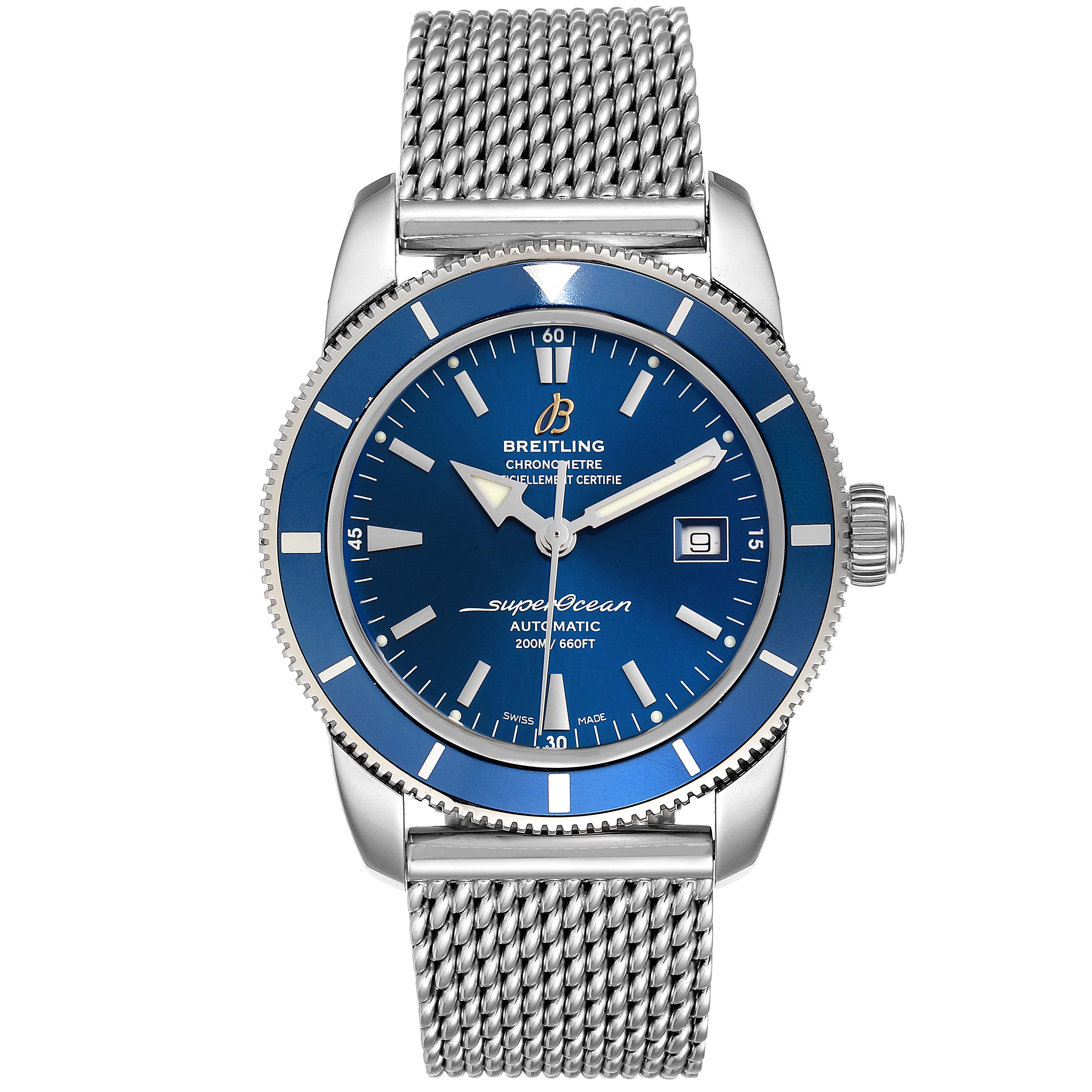 The image shows a front angle of a Breitling Superocean A17321 Men's Stainless Steel Blue Dial A17321 Men's Stainless Steel Blue Dial watch with a blue dial and a metallic mesh strap.