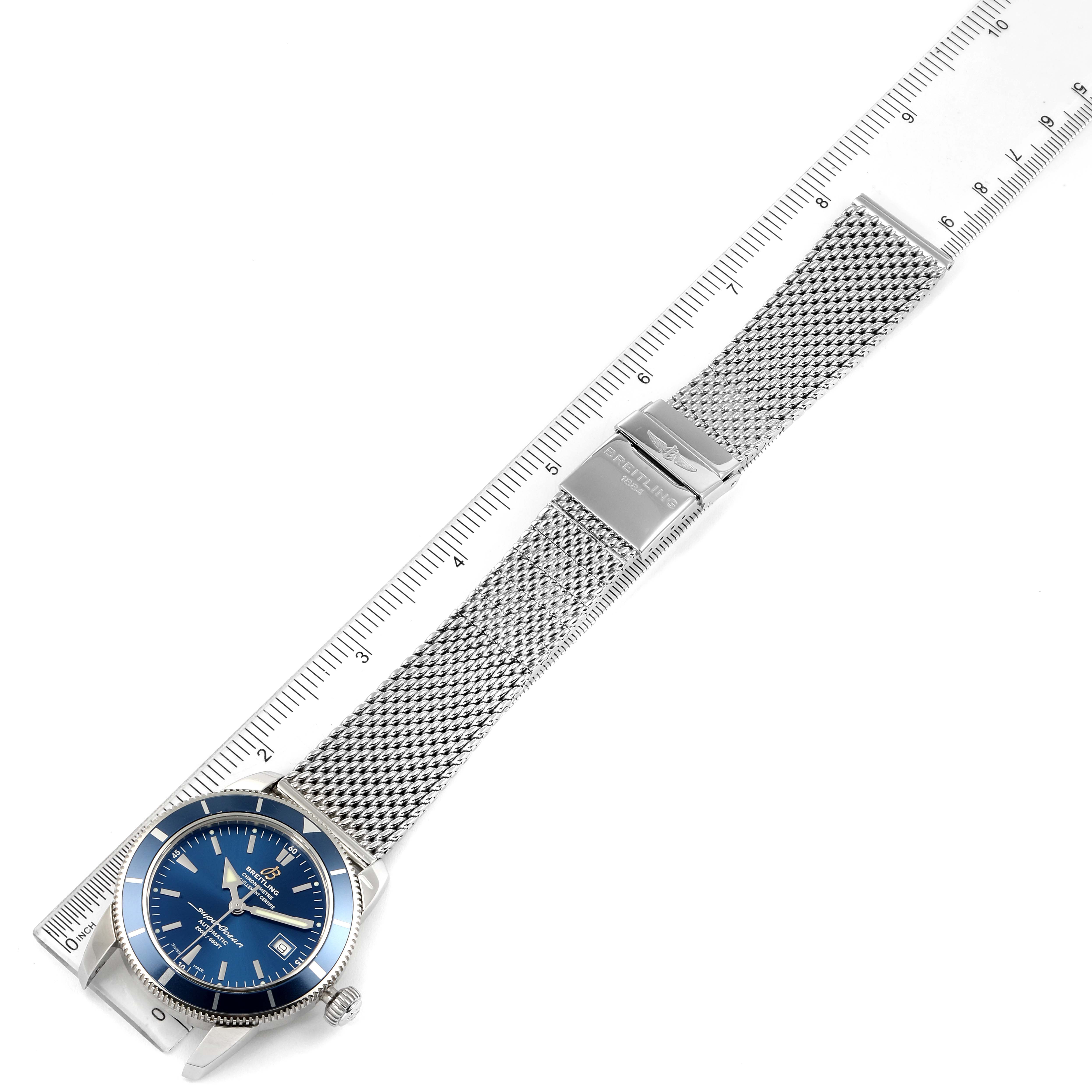 The Breitling Superocean A17321 Men's Stainless Steel Blue Dial A17321 Men's Stainless Steel Blue Dial model watch is shown from an overhead angle, displaying its blue dial and stainless steel mesh bracelet.