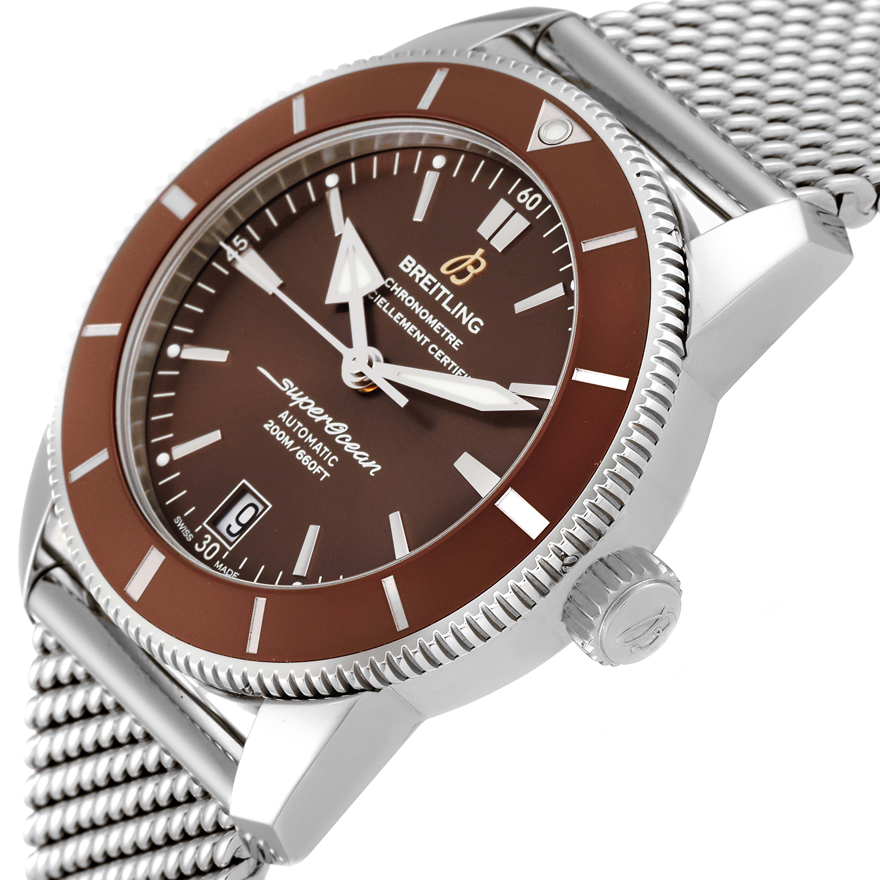 The image shows a close-up, angled view of the Breitling Superocean AB2010 Men's Stainless Steel Brown Dial AB2010 Men's Stainless Steel Brown Dial watch featuring the dial, bezel, crown, and part of the bracelet.