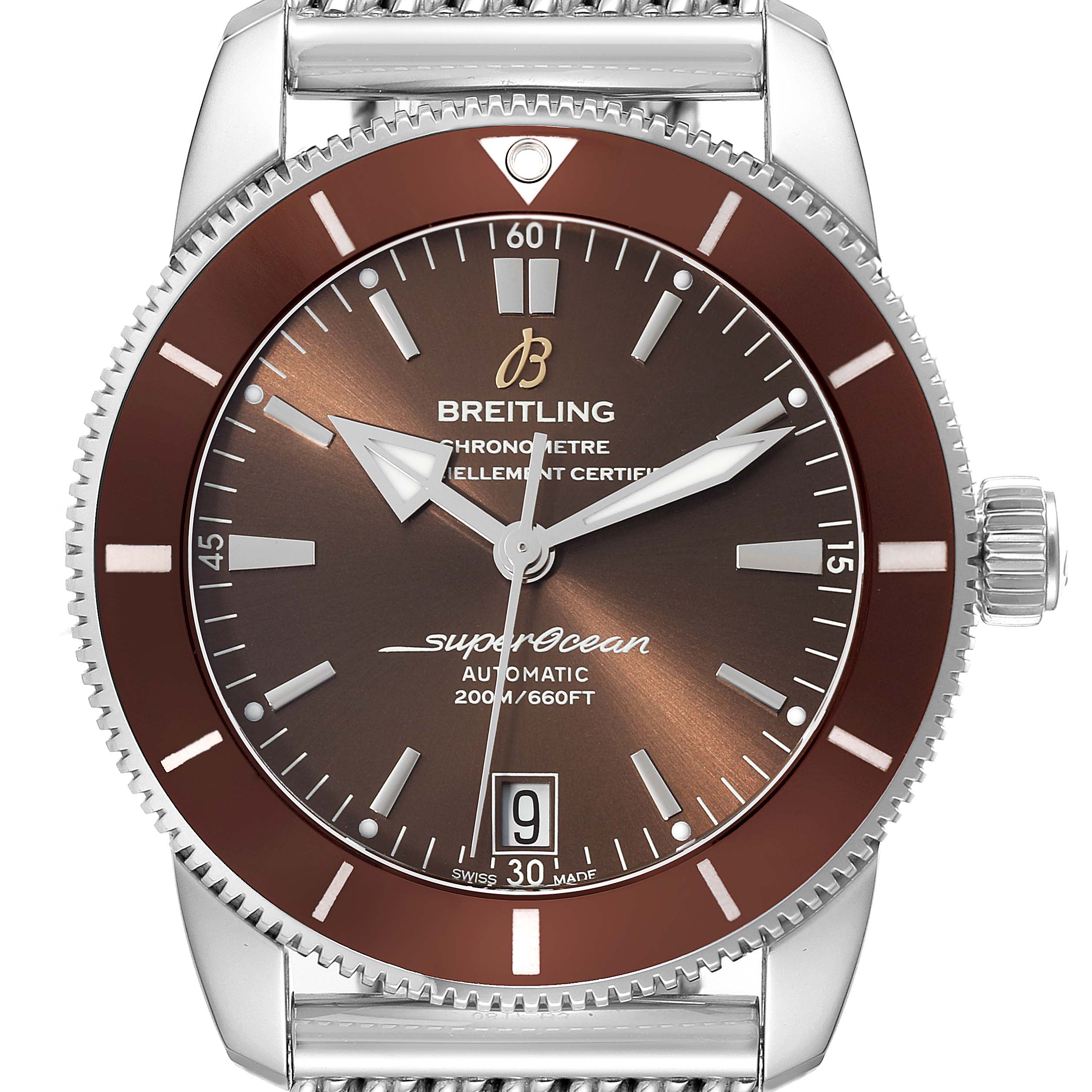 The Breitling Superocean AB2010 Men's Stainless Steel Brown Dial AB2010 Men's Stainless Steel Brown Dial watch is shown from a front angle, highlighting the dial, bezel, and crown.