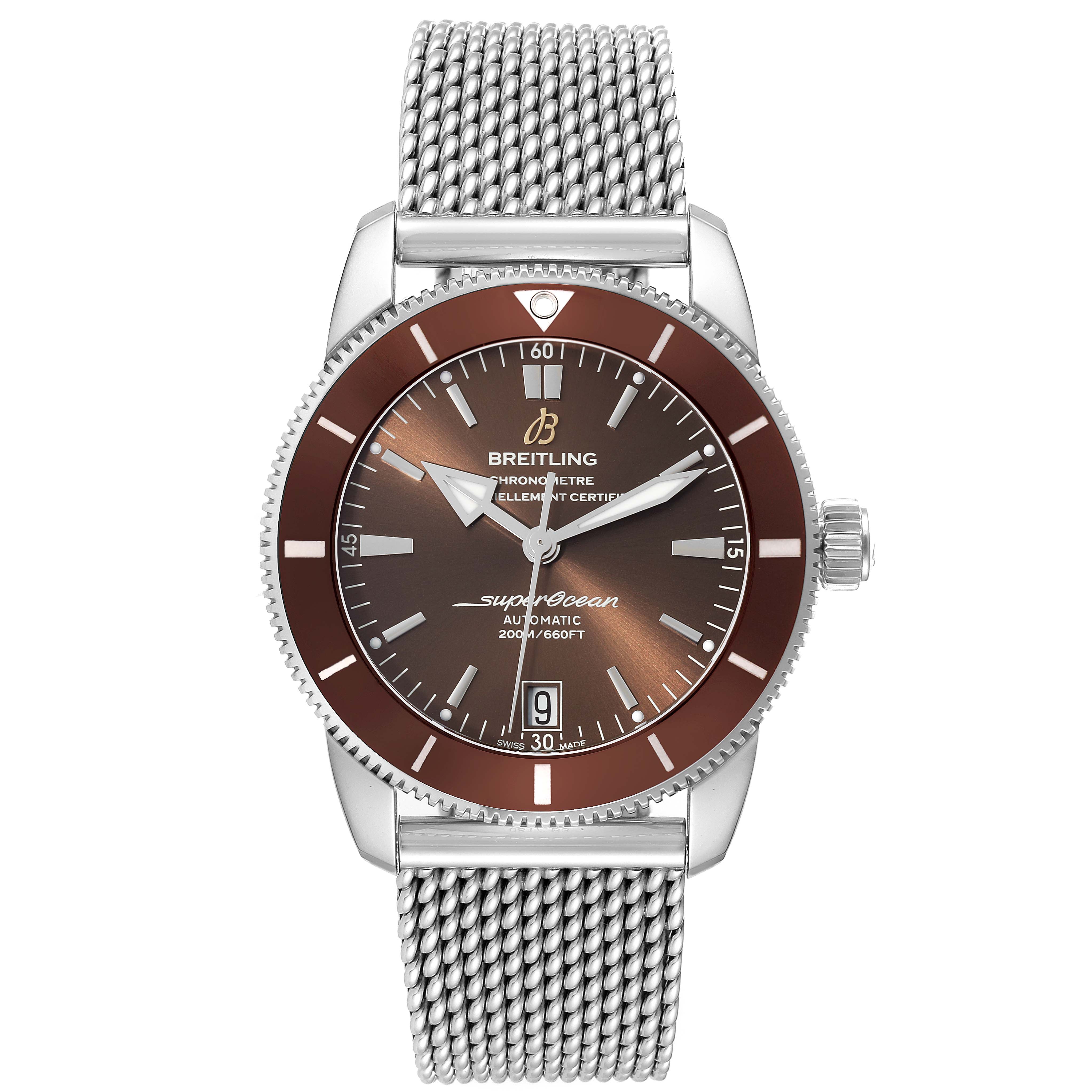 The image shows a front view of the Breitling Superocean AB2010 Men's Stainless Steel Brown Dial AB2010 Men's Stainless Steel Brown Dial watch, highlighting its brown dial, bezel, and mesh bracelet.