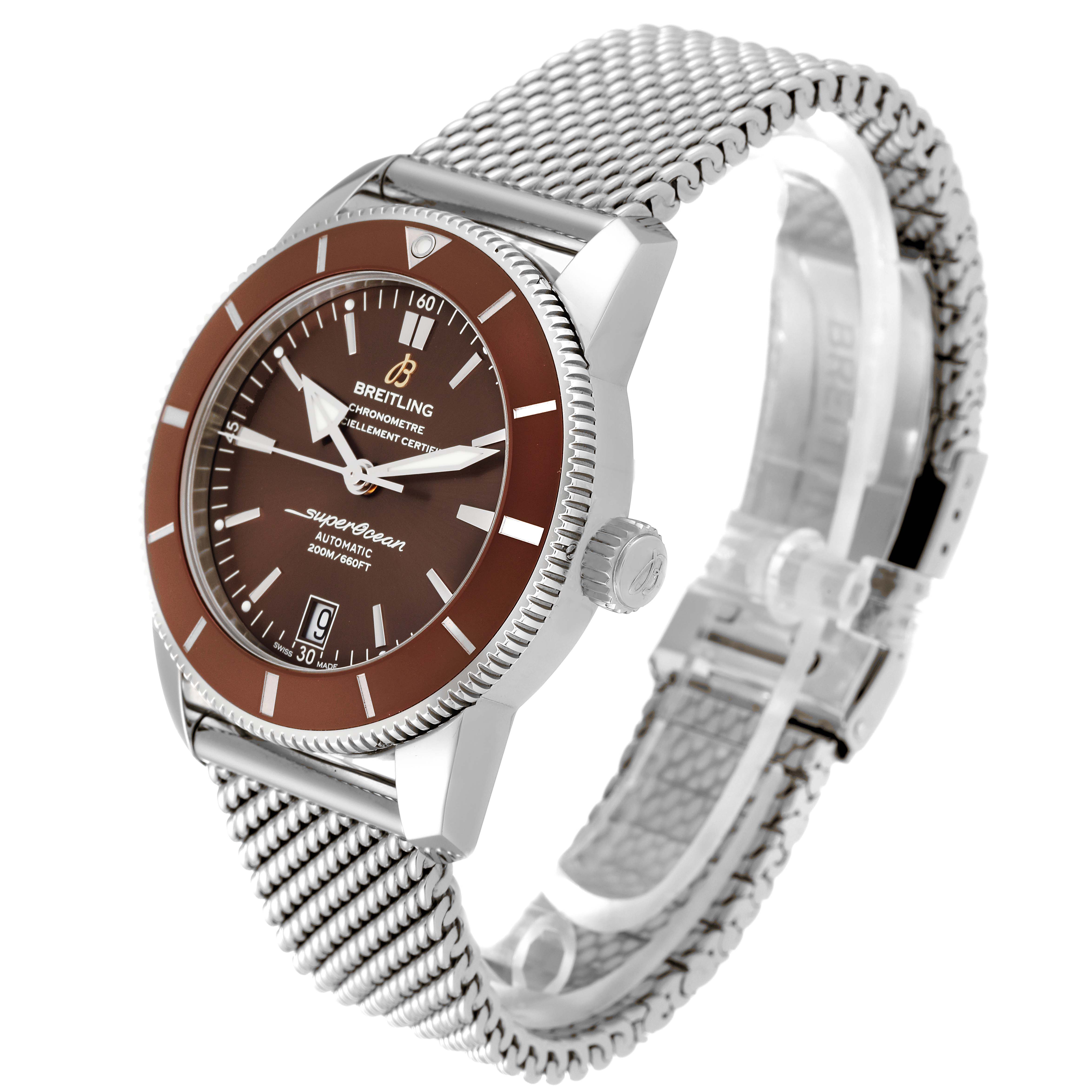 The image shows a side-angle view of the Breitling Superocean AB2010 Men's Stainless Steel Brown Dial AB2010 Men's Stainless Steel Brown Dial watch, displaying the dial, bezel, and mesh bracelet.