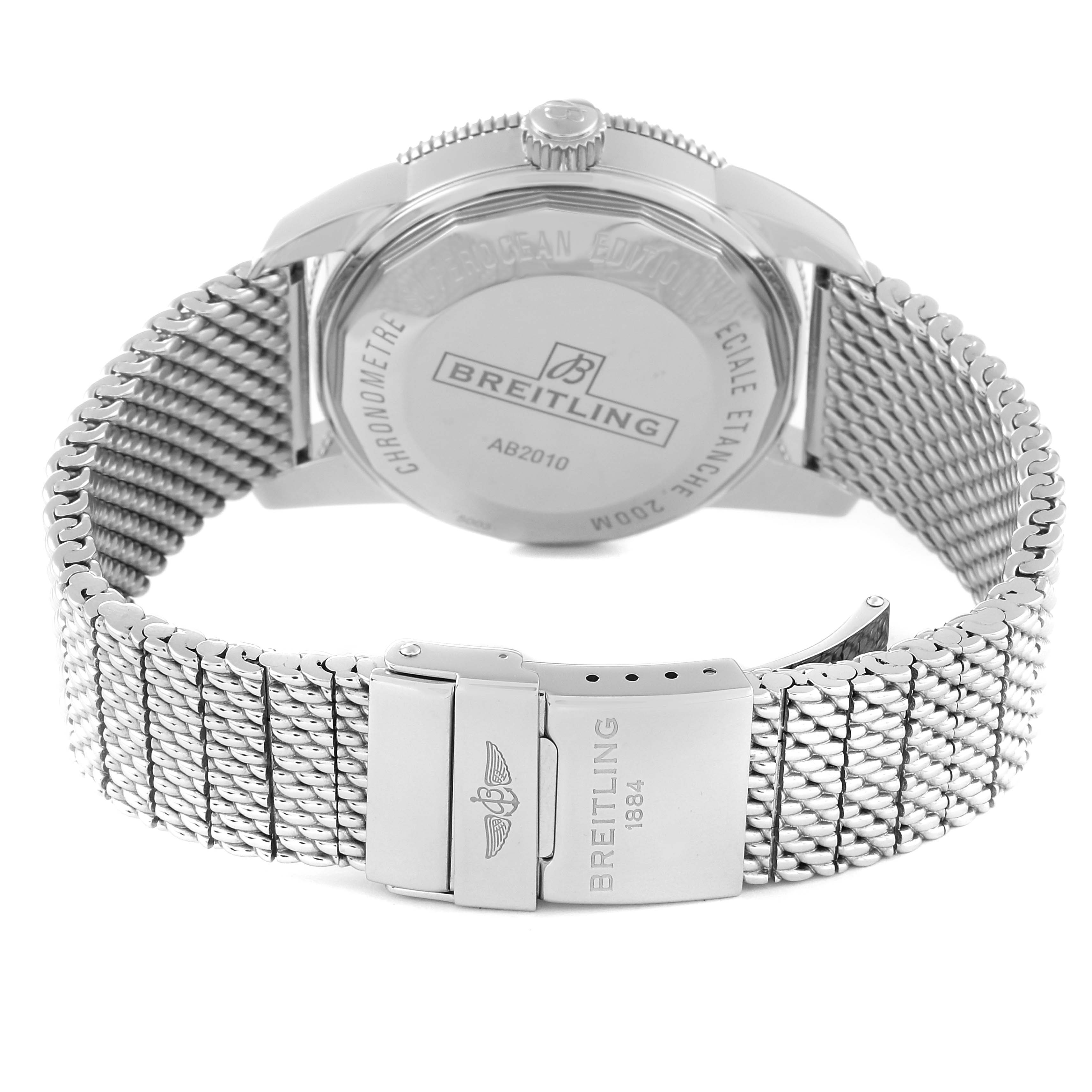 The image shows the back and metal mesh strap of the Breitling Superocean AB2010 Men's Stainless Steel Brown Dial AB2010 Men's Stainless Steel Brown Dial watch, highlighting the clasp and case back.