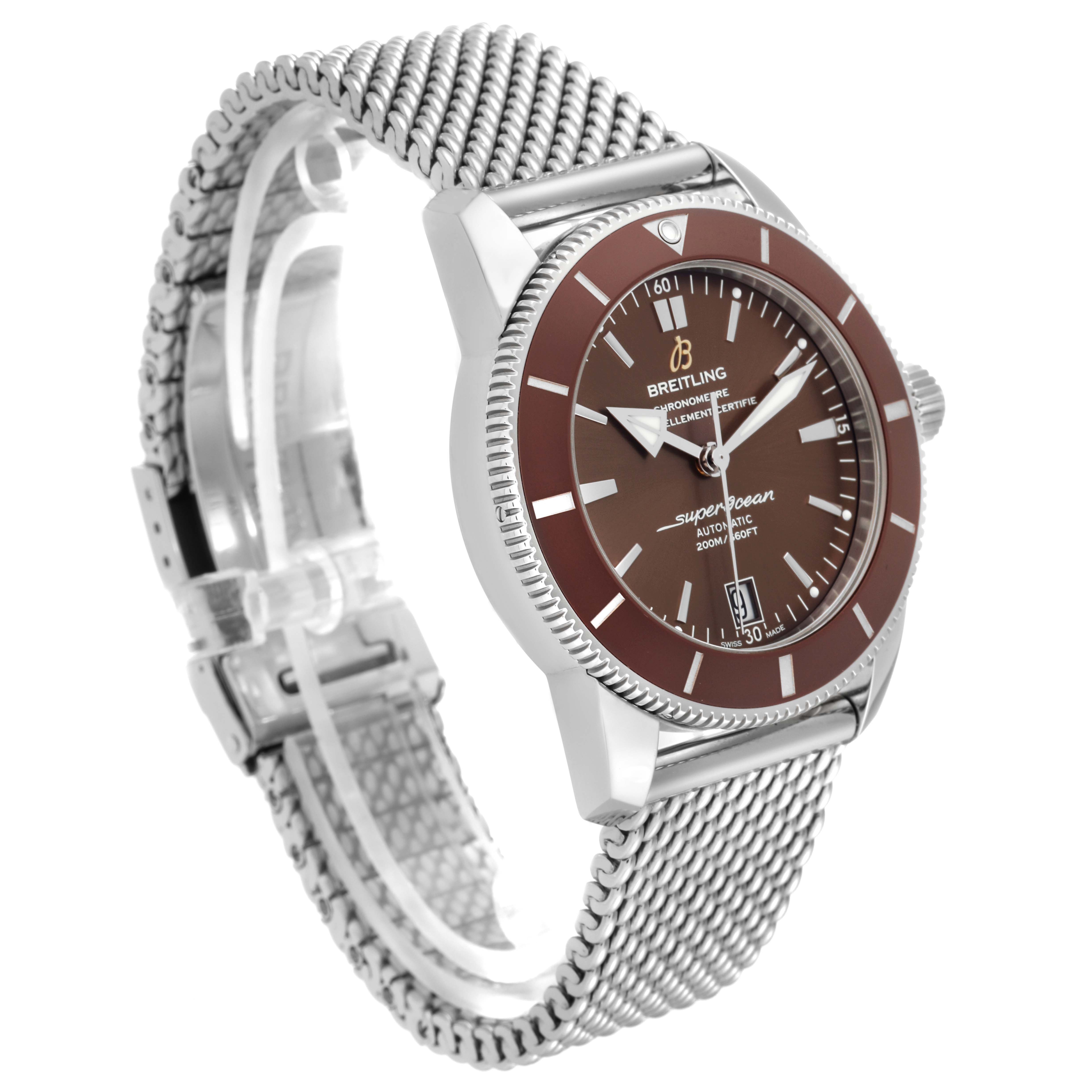 The Breitling Superocean AB2010 Men's Stainless Steel Brown Dial AB2010 Men's Stainless Steel Brown Dial watch is shown at a 3/4 angle, highlighting the brown dial, bezel, and stainless steel mesh bracelet.