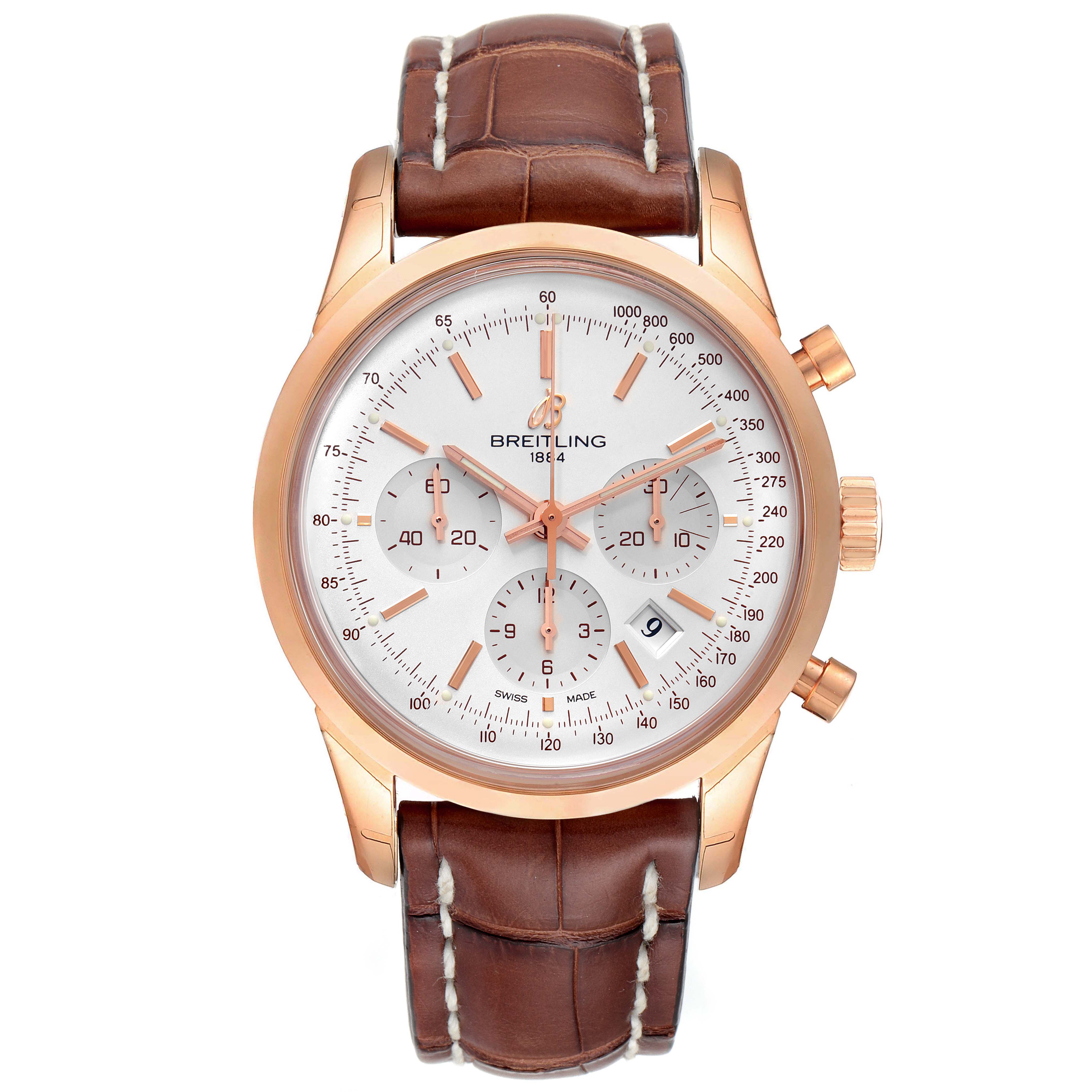 The image shows a front view of the Breitling Transocean RB0152 Men's Rose Gold Silver Dial RB0152 Men's Rose Gold Silver Dial watch, featuring its brown leather strap and rose gold case.
