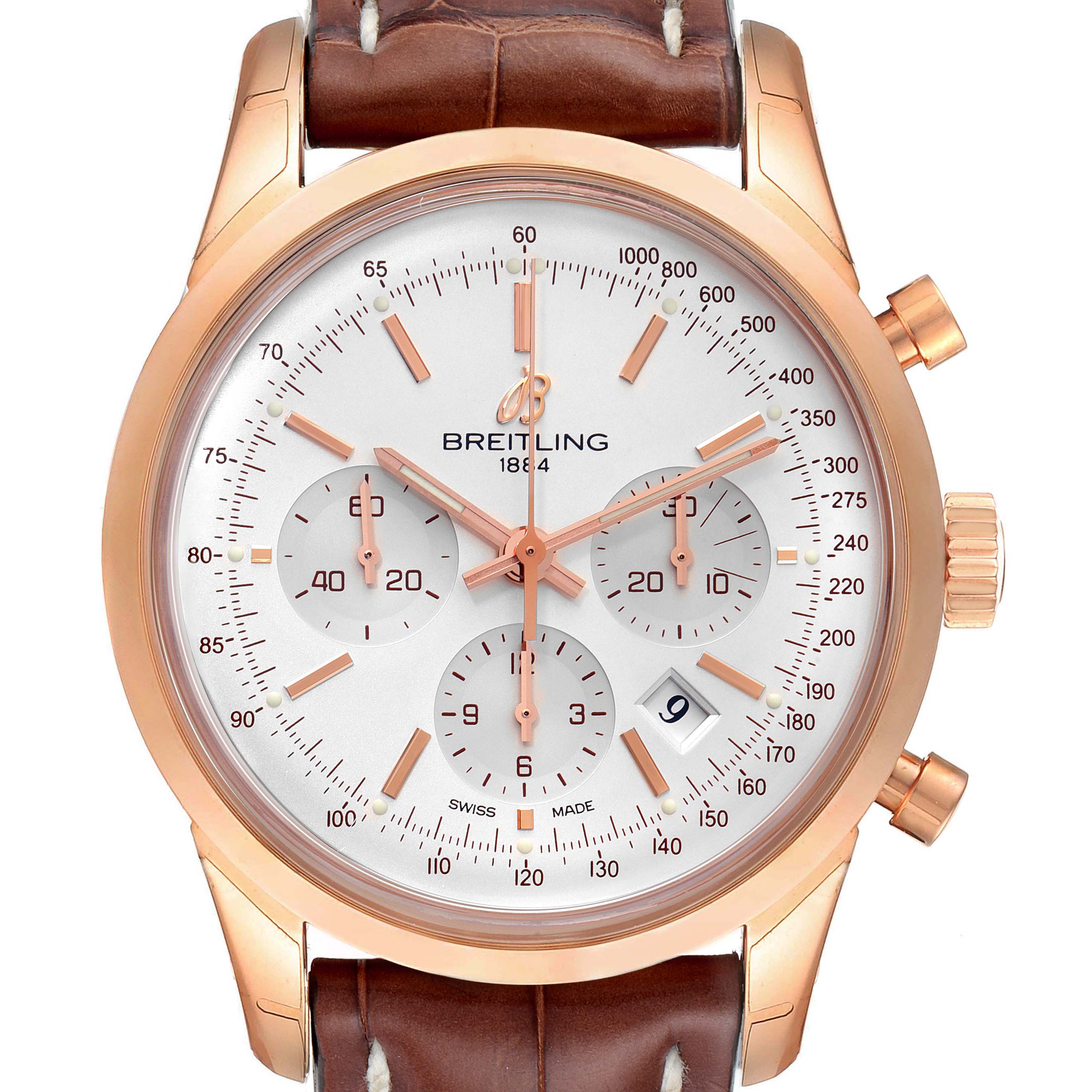The image shows a frontal view of the Breitling Transocean RB0152 Men's Rose Gold Silver Dial RB0152 Men's Rose Gold Silver Dial watch, highlighting its dial, chronographs, and leather strap.