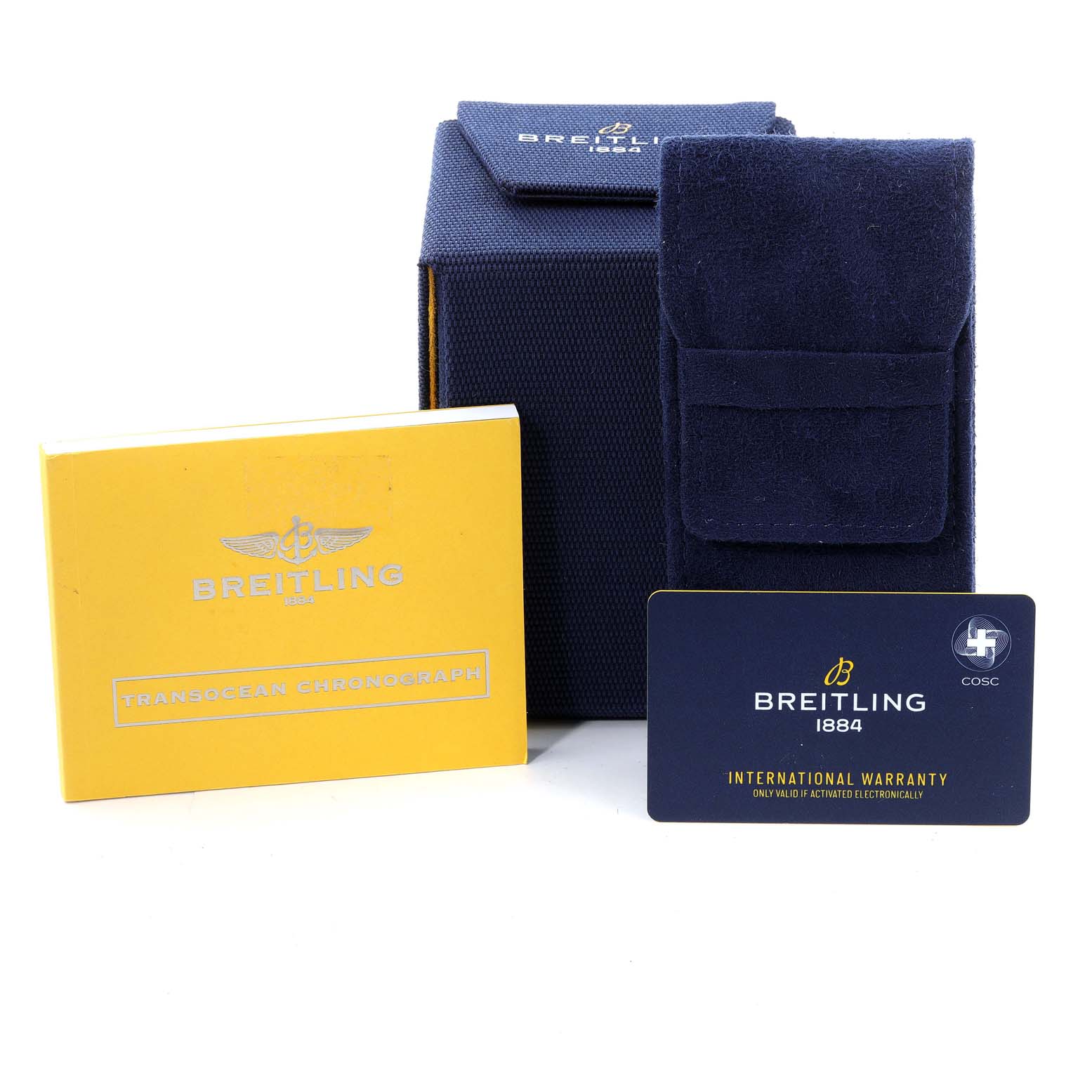 The image shows the packaging and accessories for the Breitling Transocean RB0152 Men's Rose Gold Silver Dial RB0152 Men's Rose Gold Silver Dial, including a box, manual, warranty card, and velvet pouch.