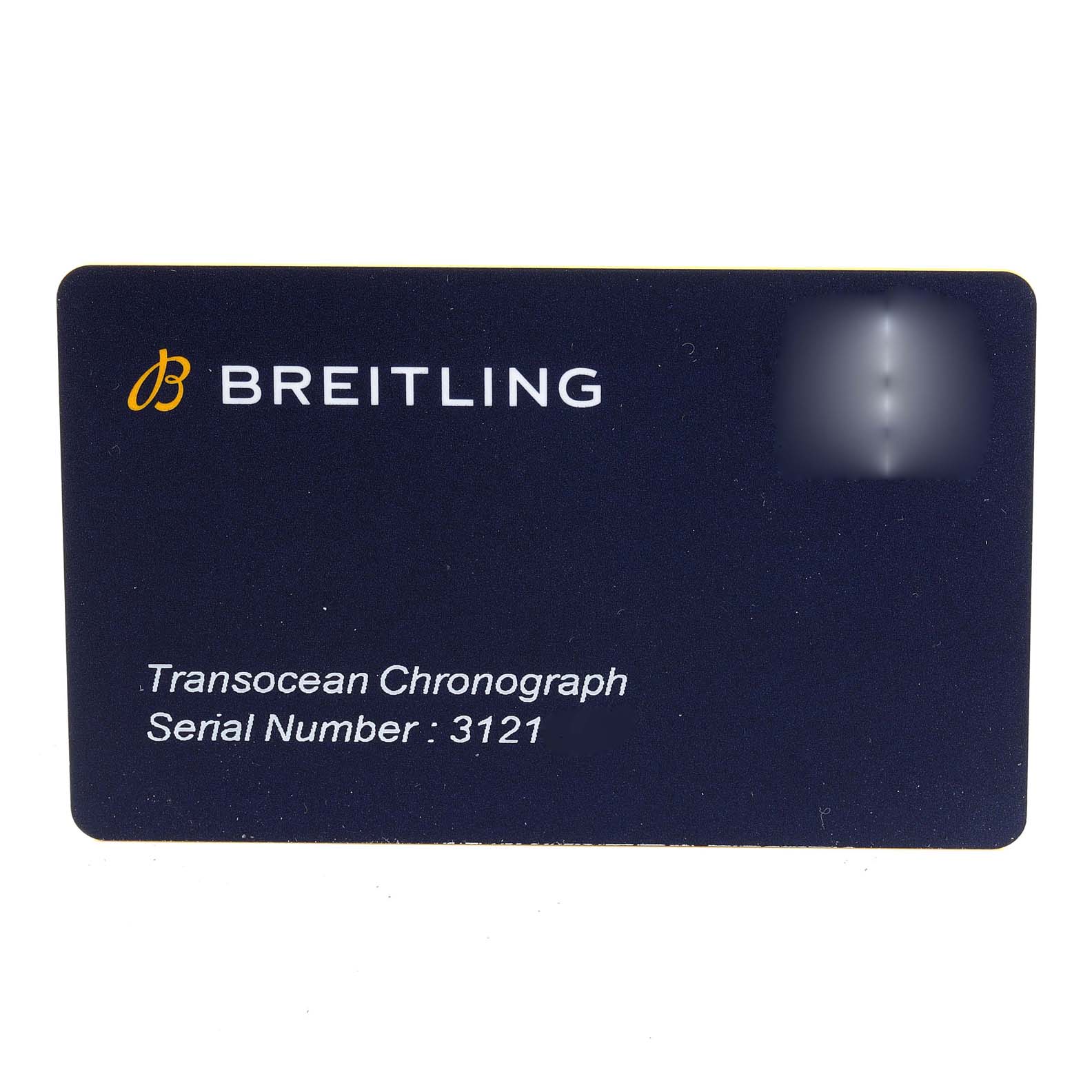 This image shows a Breitling Transocean RB0152 Men's Rose Gold Silver Dial RB0152 Men's Rose Gold Silver Dial Chronograph identification card with brand name and serial number.