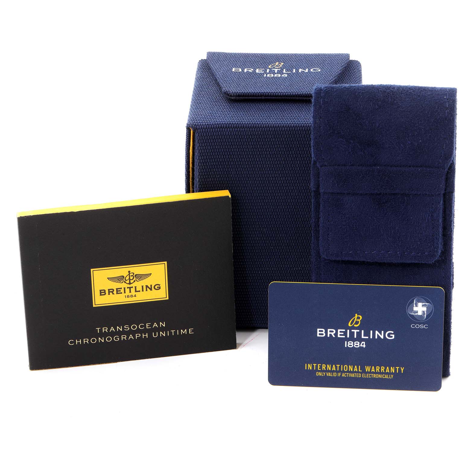 The image shows the packaging and documentation for a Breitling Transocean RB0510U4-BB63BKLD Men's Rose Gold Black Dial RB0510U4-BB63BKLD Men's Rose Gold Black Dial model, including a box, booklet, and warranty card.