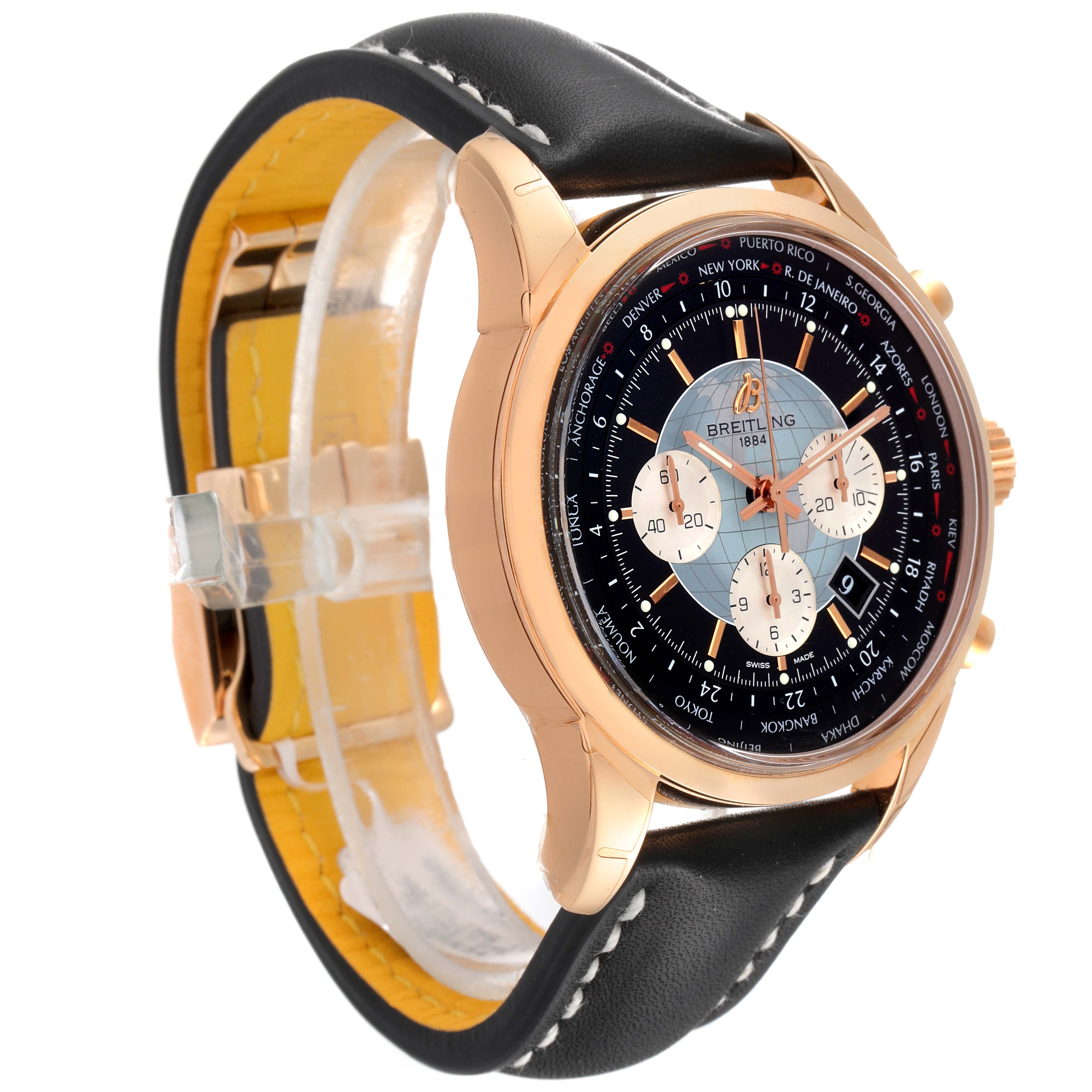 The Breitling Transocean RB0510U4-BB63BKLD Men's Rose Gold Black Dial RB0510U4-BB63BKLD Men's Rose Gold Black Dial watch is shown at a slight side angle, highlighting the face, bezel, crown, and part of the strap.