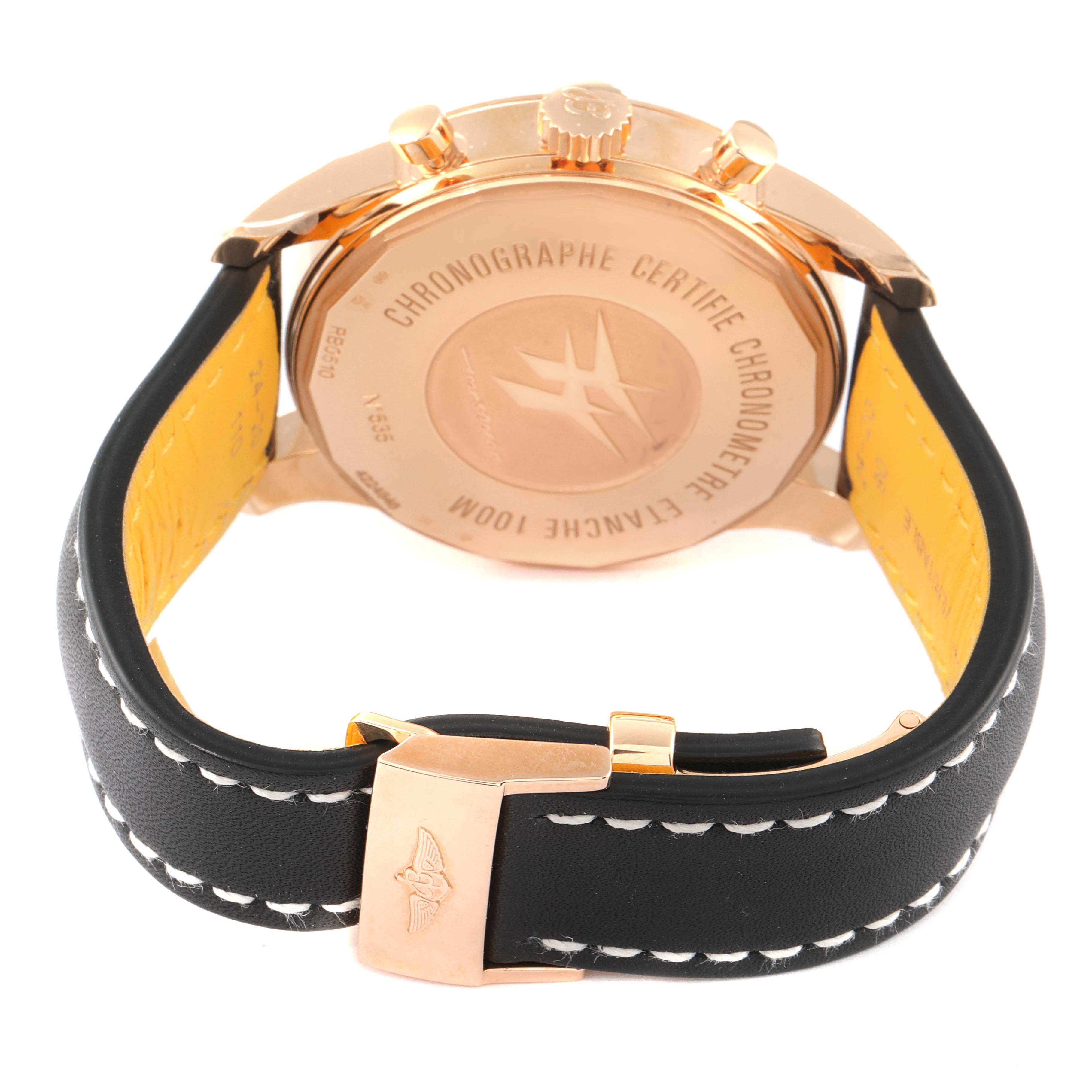 The image shows the back case and strap of the Breitling Transocean RB0510U4-BB63BKLD Men's Rose Gold Black Dial RB0510U4-BB63BKLD Men's Rose Gold Black Dial watch from a rear angle.