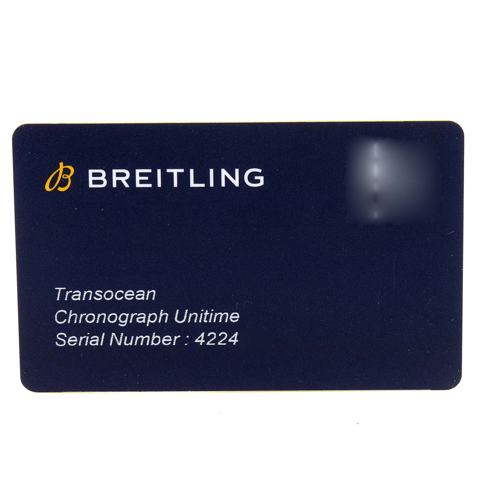 This is a Breitling Transocean RB0510U4-BB63BKLD Men's Rose Gold Black Dial RB0510U4-BB63BKLD Men's Rose Gold Black Dial Chronograph Unitime warranty card showing the serial number 4224.
