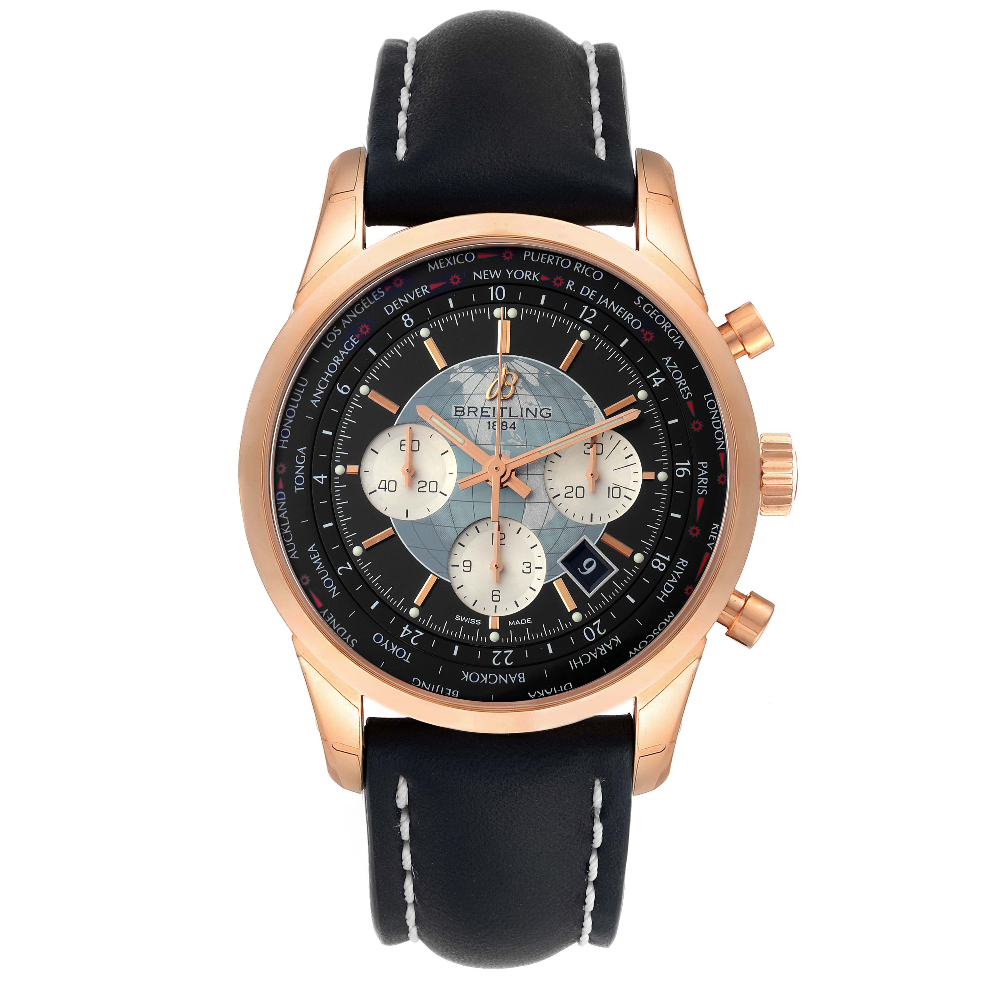 The image shows a front view of a Breitling Transocean RB0510U4-BB63BKLD Men's Rose Gold Black Dial RB0510U4-BB63BKLD Men's Rose Gold Black Dial watch featuring a black leather strap and rose gold case with three sub-dials.