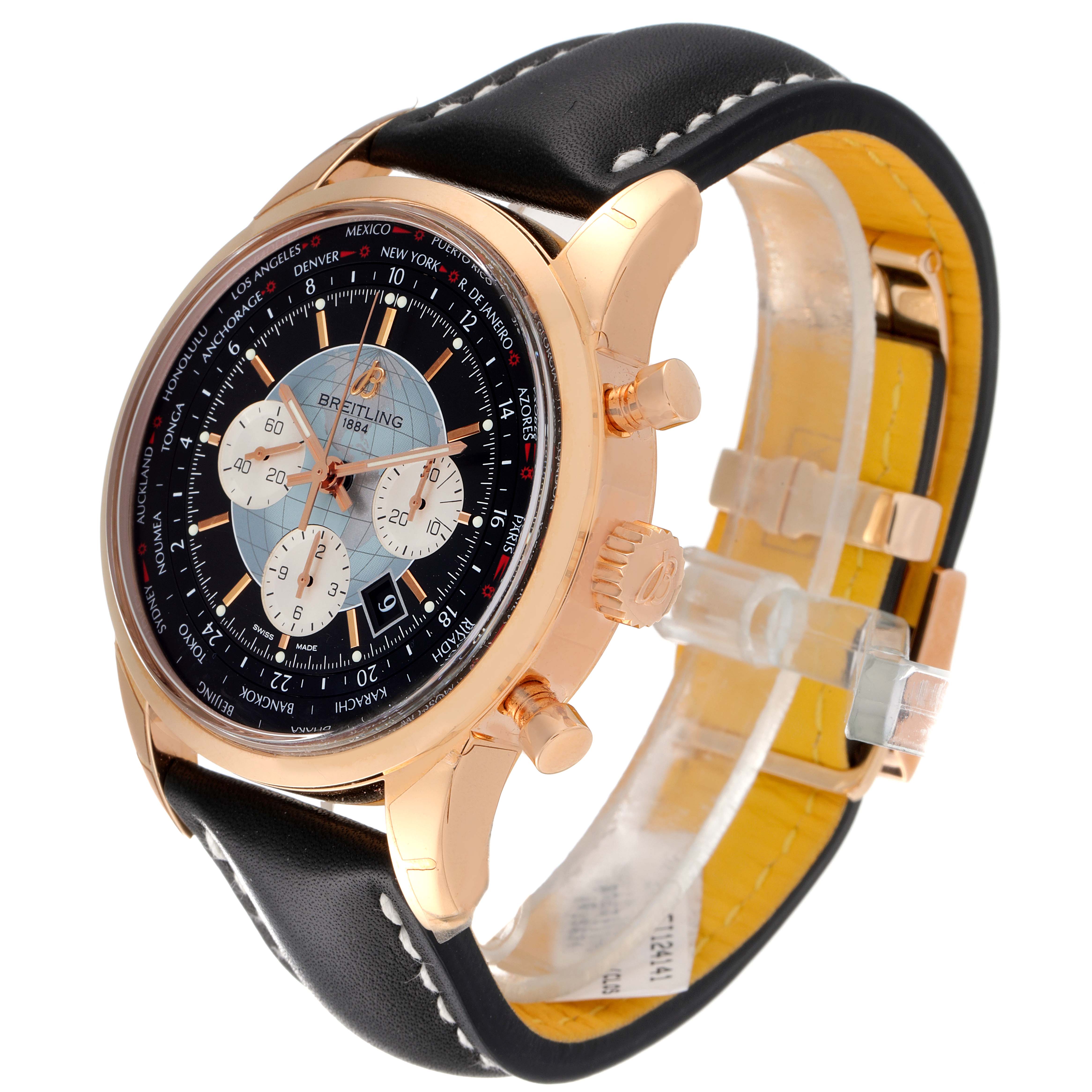 The Breitling Transocean RB0510U4-BB63BKLD Men's Rose Gold Black Dial RB0510U4-BB63BKLD Men's Rose Gold Black Dial watch is shown from a front side angle, displaying its face, bezel, crown, and leather strap.