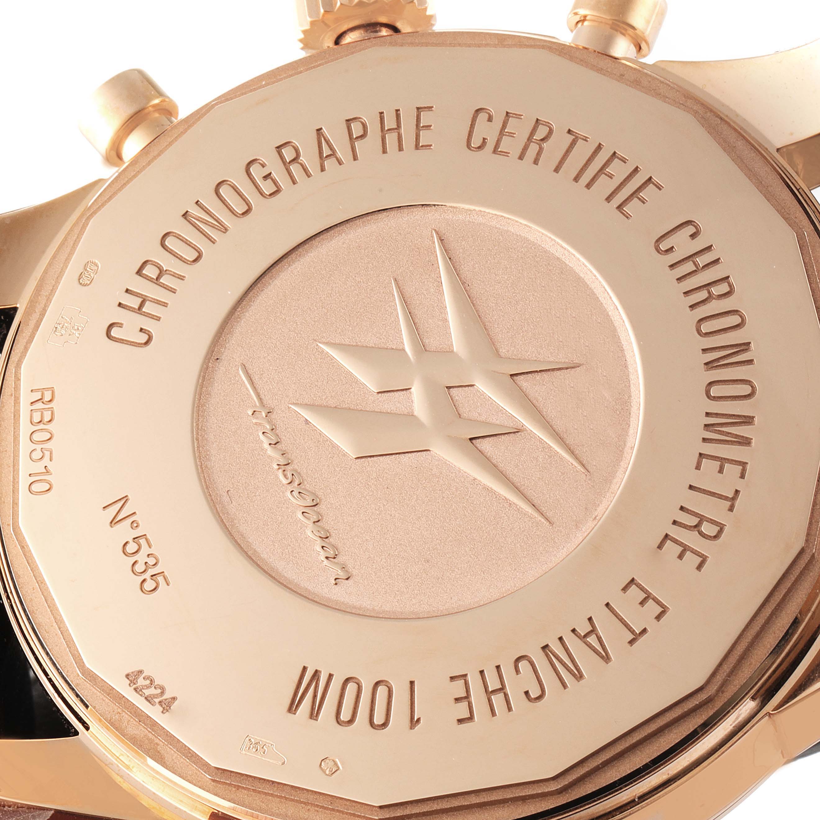 This image shows the case back of the Breitling Transocean RB0510U4-BB63BKLD Men's Rose Gold Black Dial RB0510U4-BB63BKLD Men's Rose Gold Black Dial watch displaying engravings and model details.