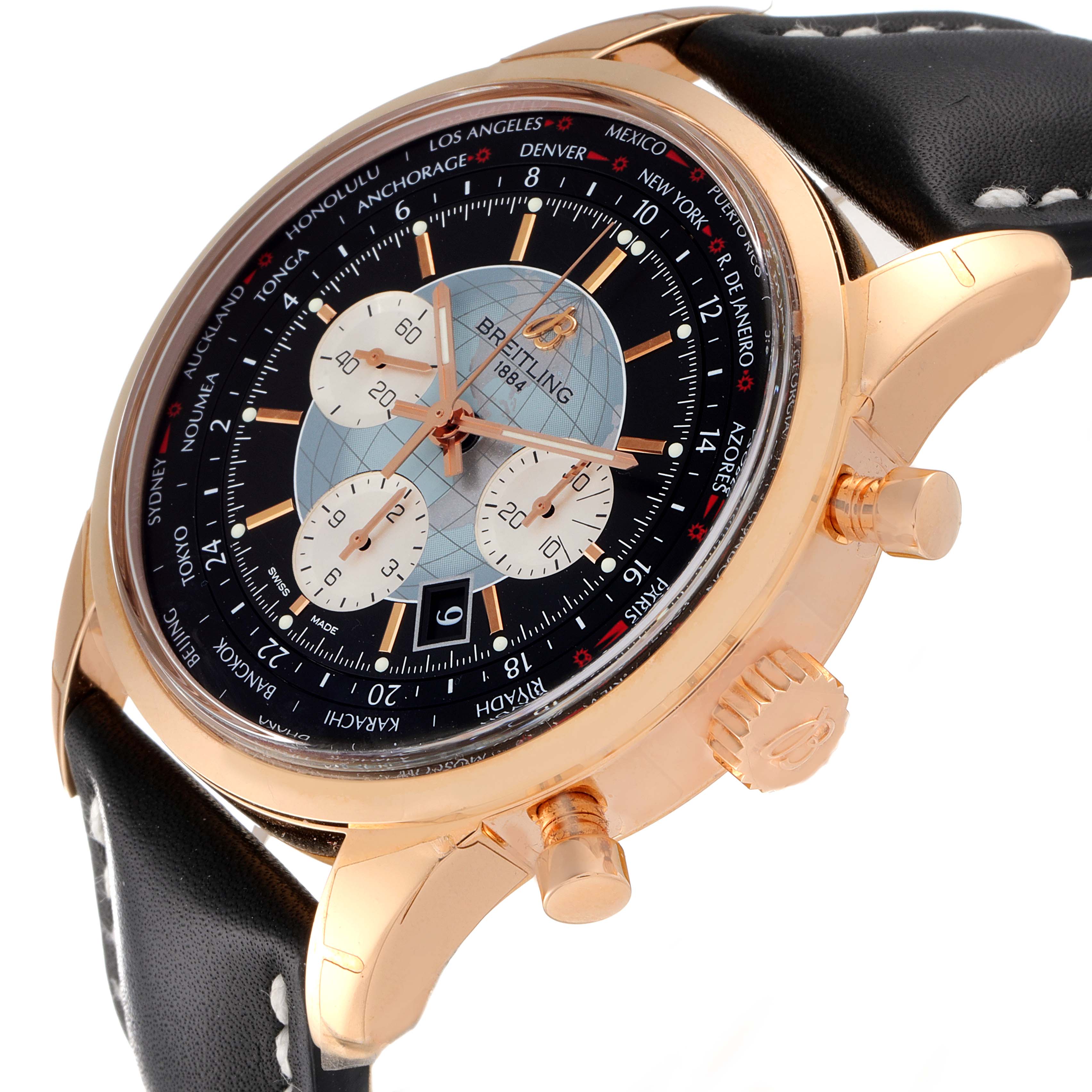 The Breitling Transocean RB0510U4-BB63BKLD Men's Rose Gold Black Dial RB0510U4-BB63BKLD Men's Rose Gold Black Dial watch is shown at an angled side view, highlighting its gold case, dial, and chronograph pushers.