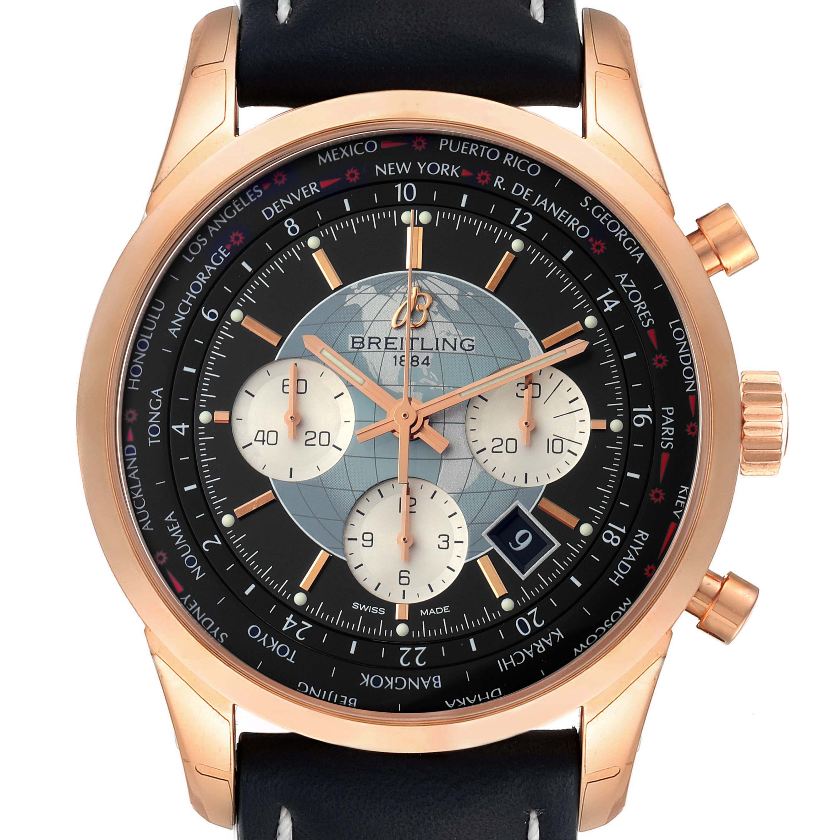 The image shows a front view of the Breitling Transocean RB0510U4-BB63BKLD Men's Rose Gold Black Dial RB0510U4-BB63BKLD Men's Rose Gold Black Dial watch, highlighting the dial, hands, subdials, and bezel.