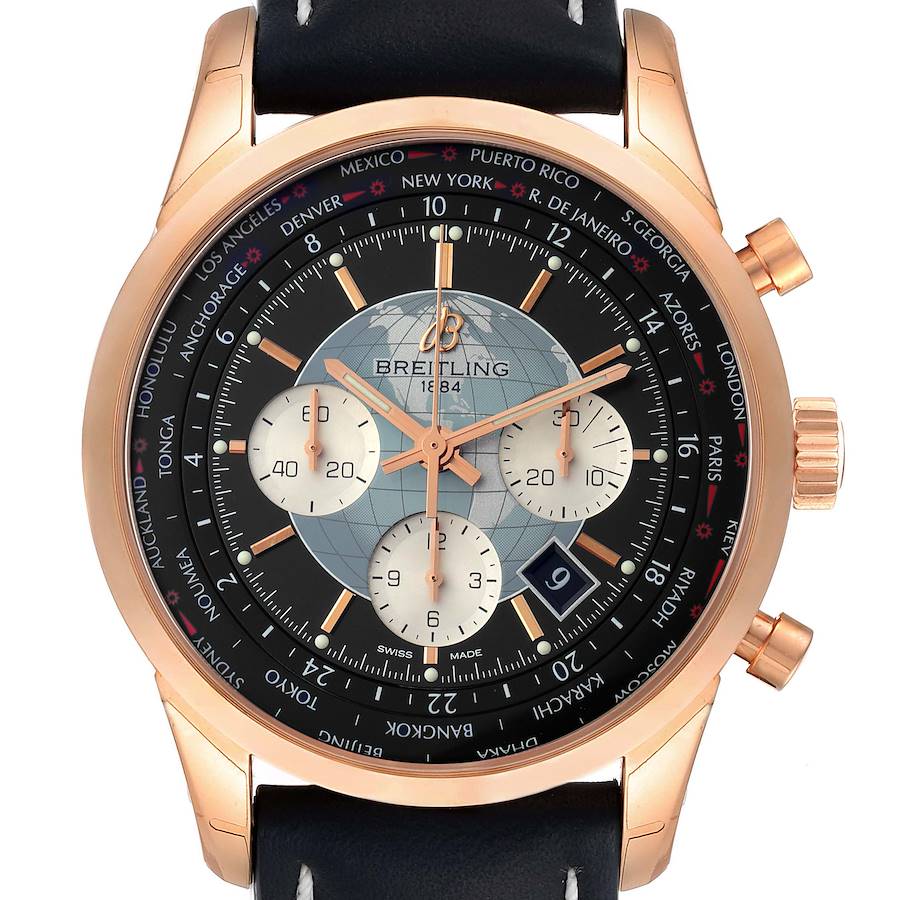 Breitling Transocean Chronograph Unitime Rose Gold Mens Watch RB0510 Unworn SwissWatchExpo