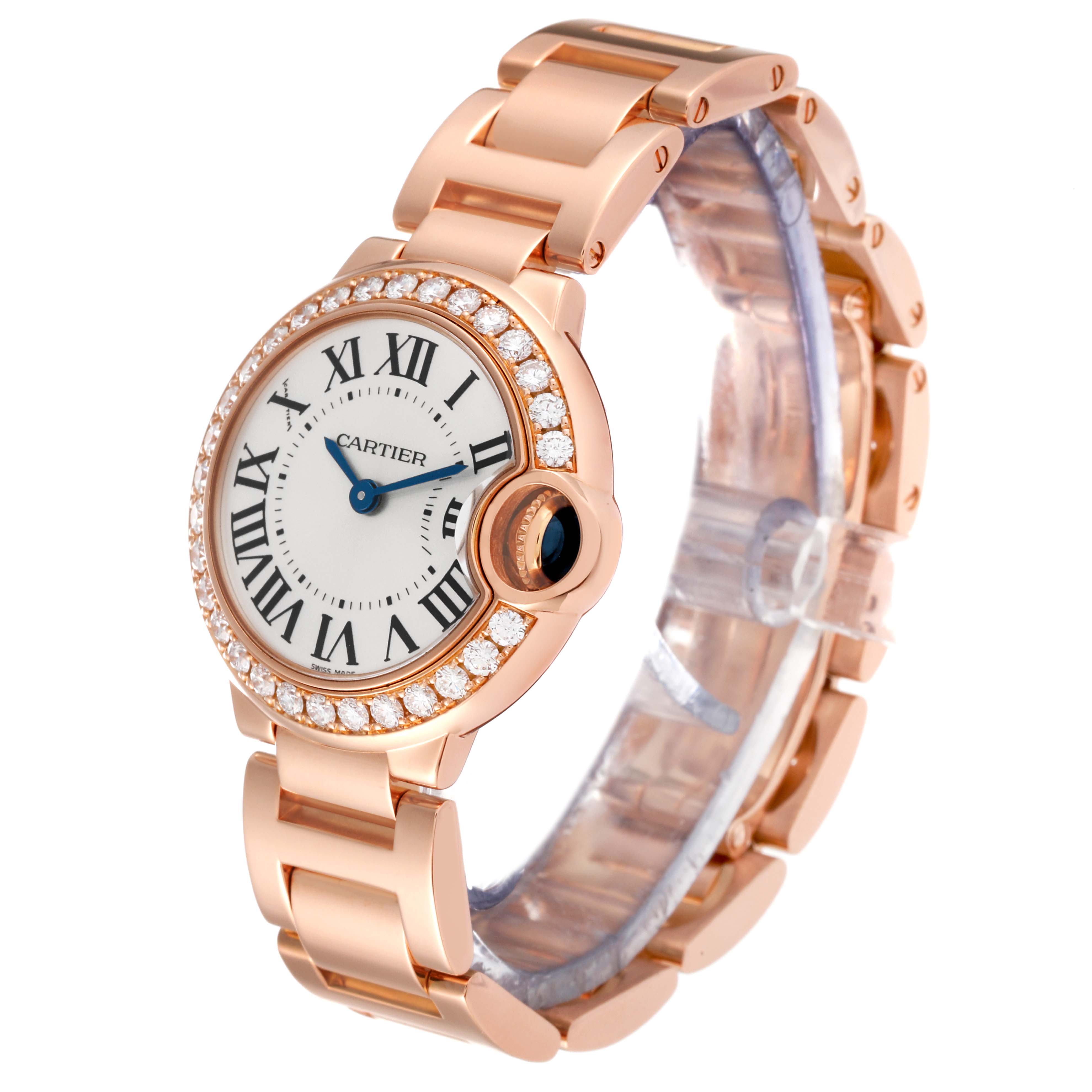 The image shows a Cartier Ballon Bleu WJBB0015 Women
s Rose Gold Silver Dial WJBB0015 Women
s Rose Gold Silver Dial watch at a three-quarter angle, highlighting the face, diamond bezel, and rose gold bracelet.