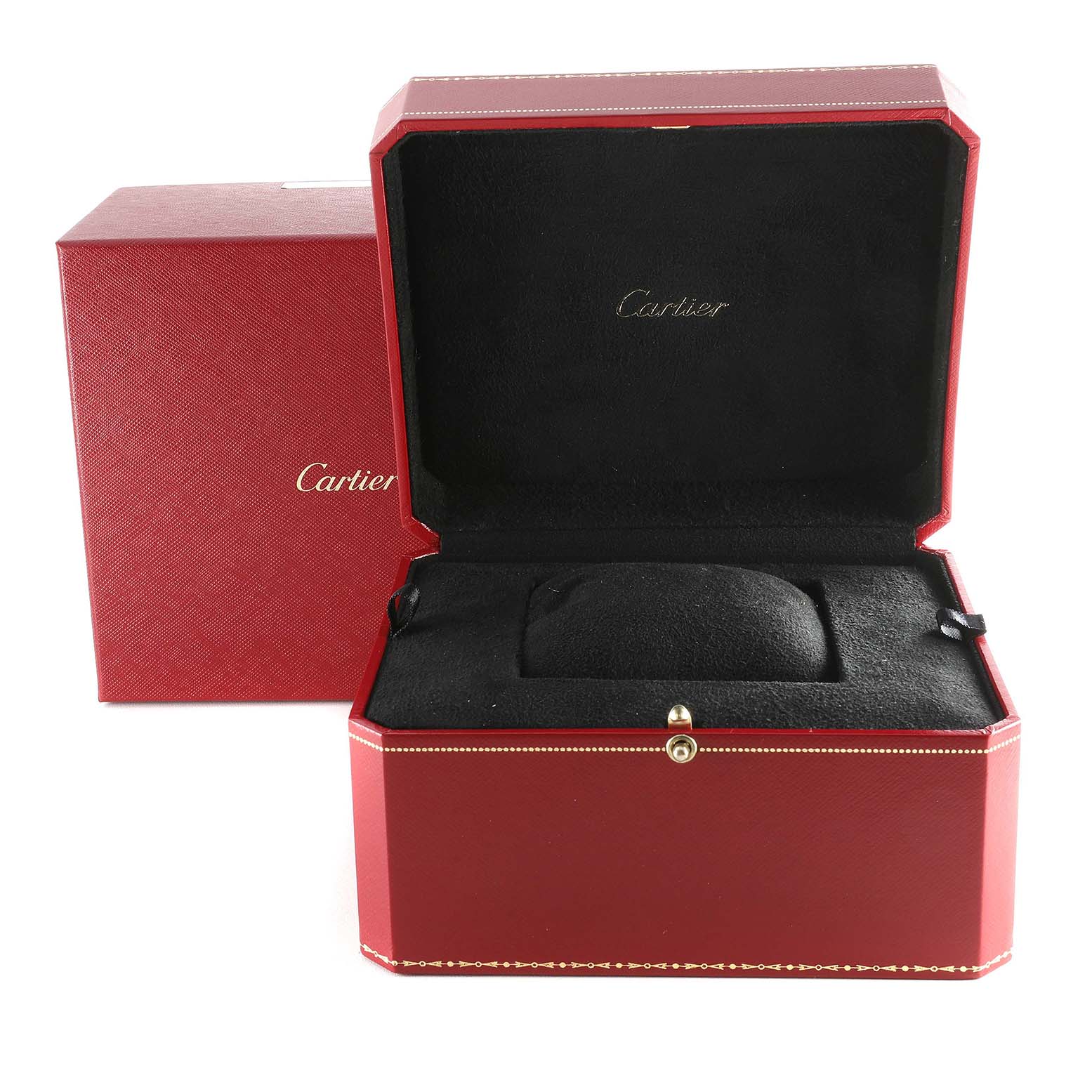 The image shows an open red, cushioned Cartier watch box for the Ballon Bleu model.