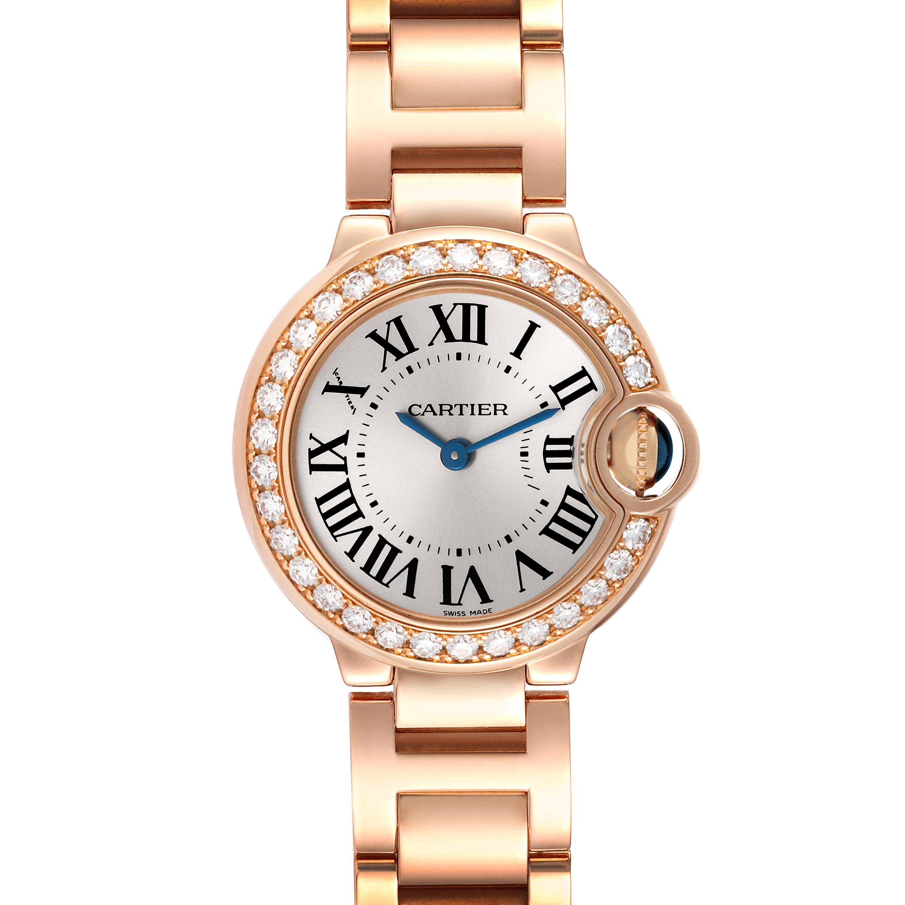 This image shows a front view of a Cartier Ballon Bleu WJBB0015 Women
s Rose Gold Silver Dial WJBB0015 Women
s Rose Gold Silver Dial watch featuring a rose gold bracelet and diamond-set bezel.