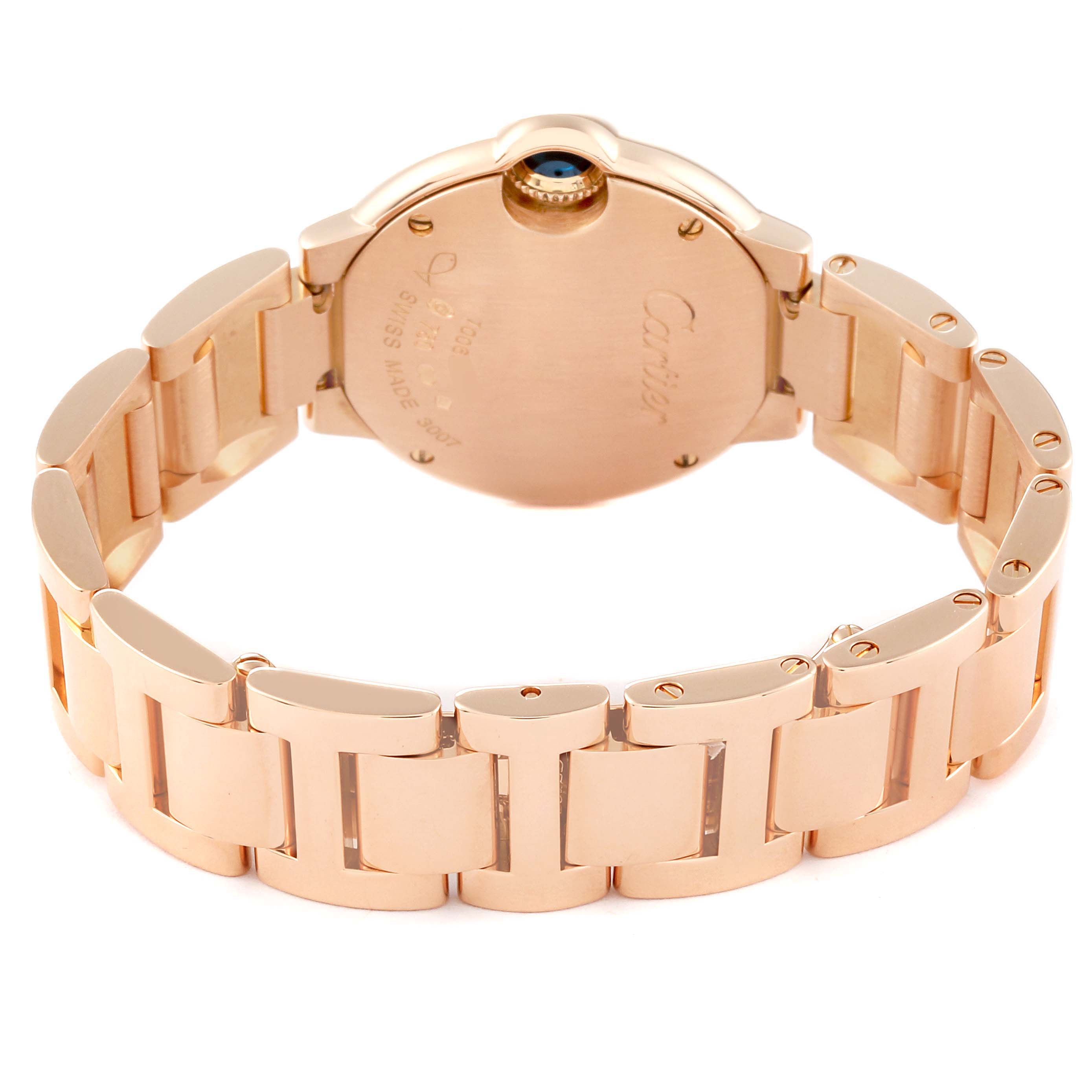 The image shows the back case and metal bracelet of a Cartier Ballon Bleu WJBB0015 Women
s Rose Gold Silver Dial WJBB0015 Women
s Rose Gold Silver Dial watch.