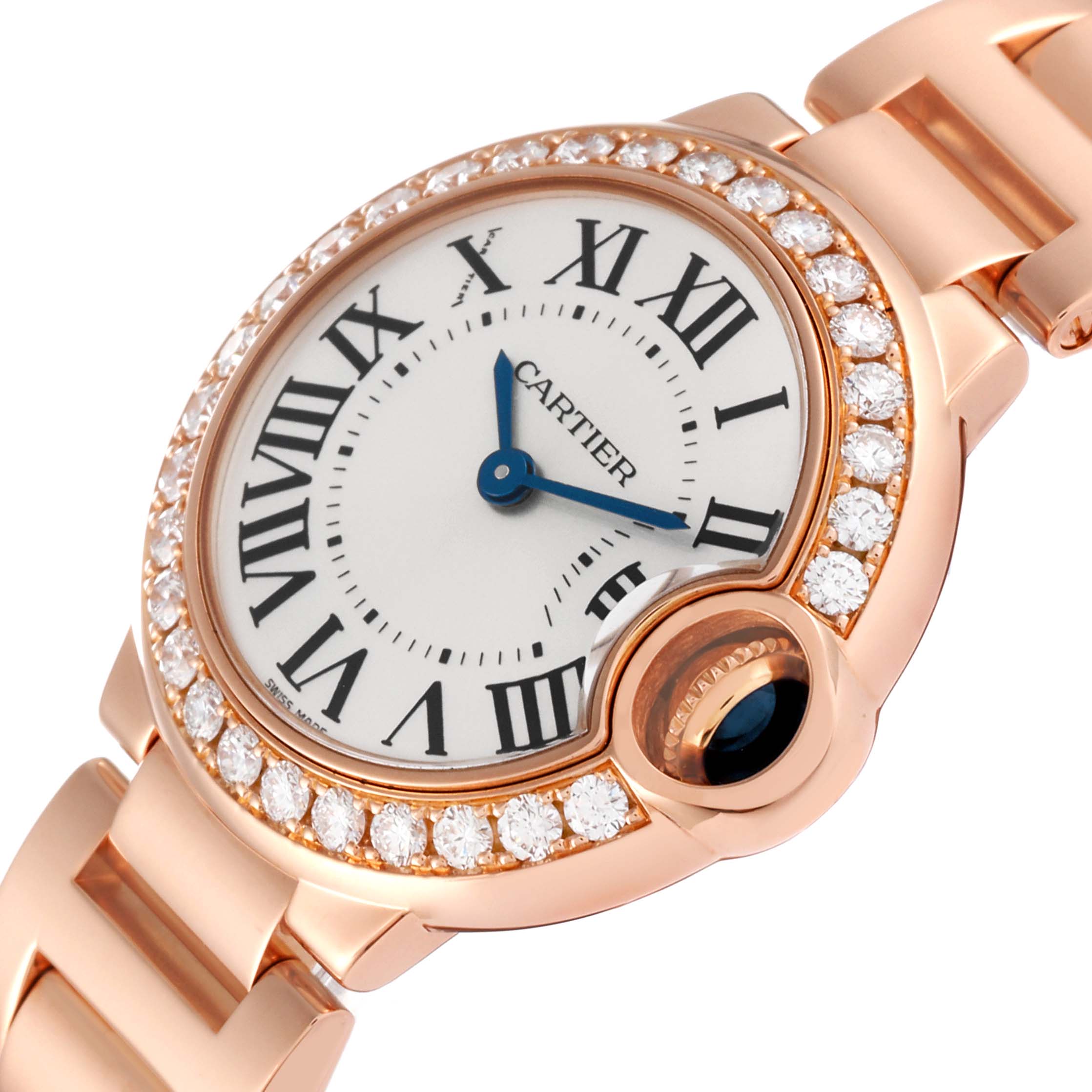 The image shows a close-up angle of a Cartier Ballon Bleu WJBB0015 Women
s Rose Gold Silver Dial WJBB0015 Women
s Rose Gold Silver Dial watch, highlighting its diamond bezel and Roman numeral dial.