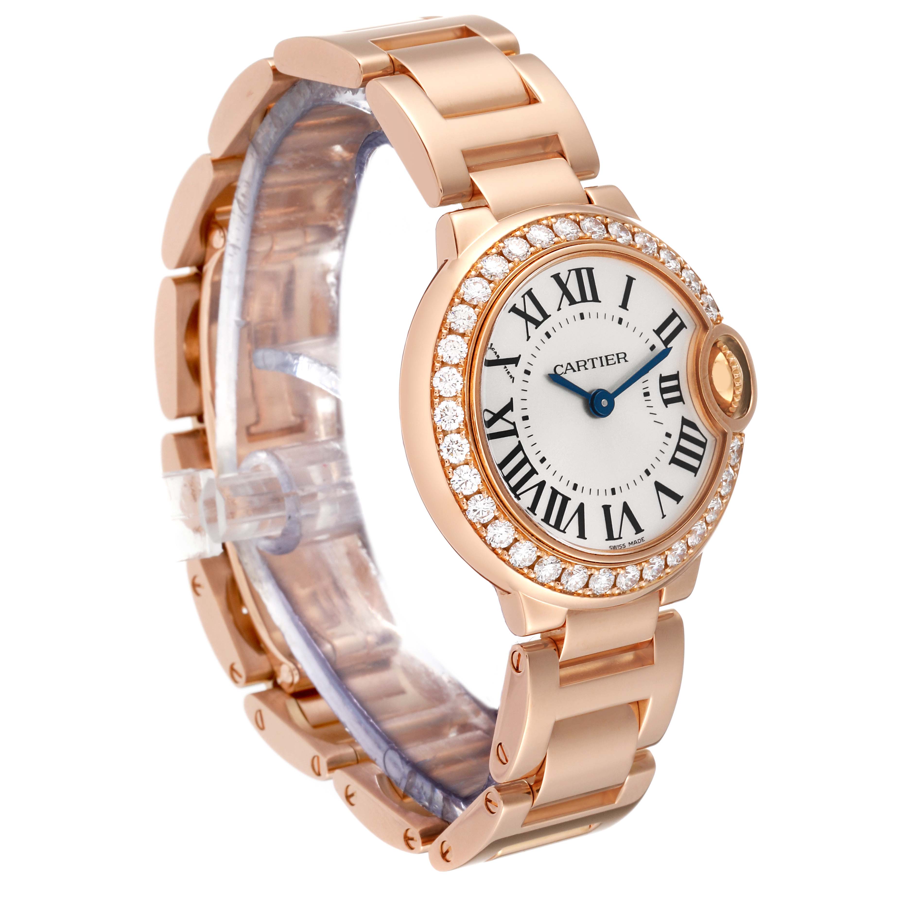 This image shows a side angle of the Cartier Ballon Bleu WJBB0015 Women
s Rose Gold Silver Dial WJBB0015 Women
s Rose Gold Silver Dial watch, highlighting its face, bezel, and strap.