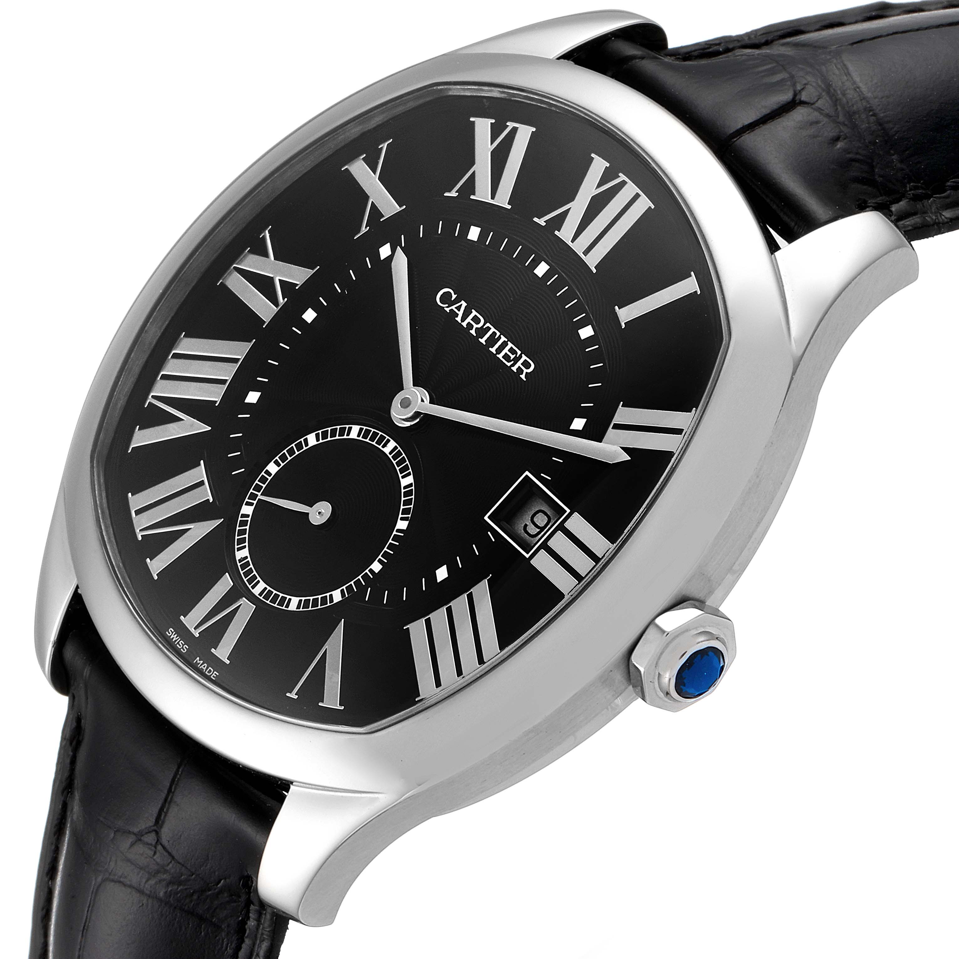 The Drive de Cartier watch is shown from an angled side-view highlighting its black dial, Roman numerals, crown, and leather strap.