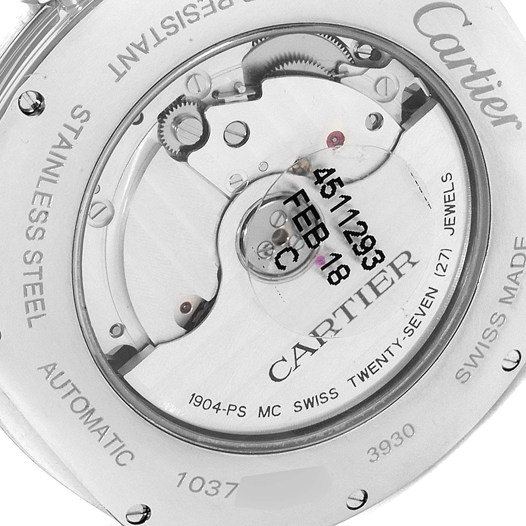 The image shows the back of a Drive de Cartier watch, revealing its automatic movement and internal components.