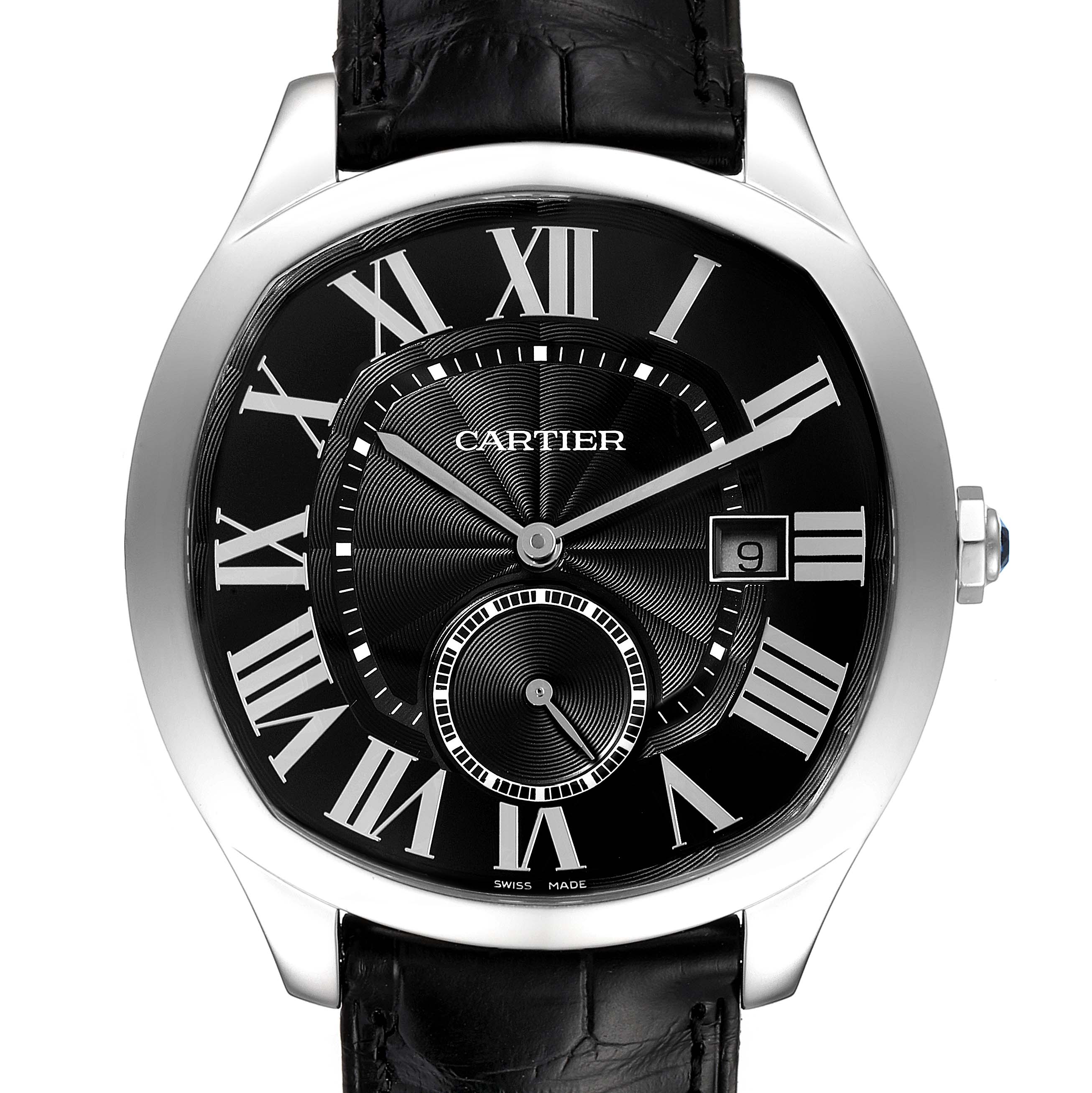 The Drive de Cartier watch by Cartier is shown from the front, highlighting the black dial, Roman numerals, and leather strap.