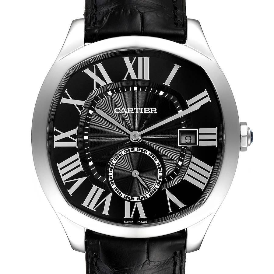 The Drive de Cartier watch by Cartier is shown from the front, highlighting the black dial, Roman numerals, and leather strap.