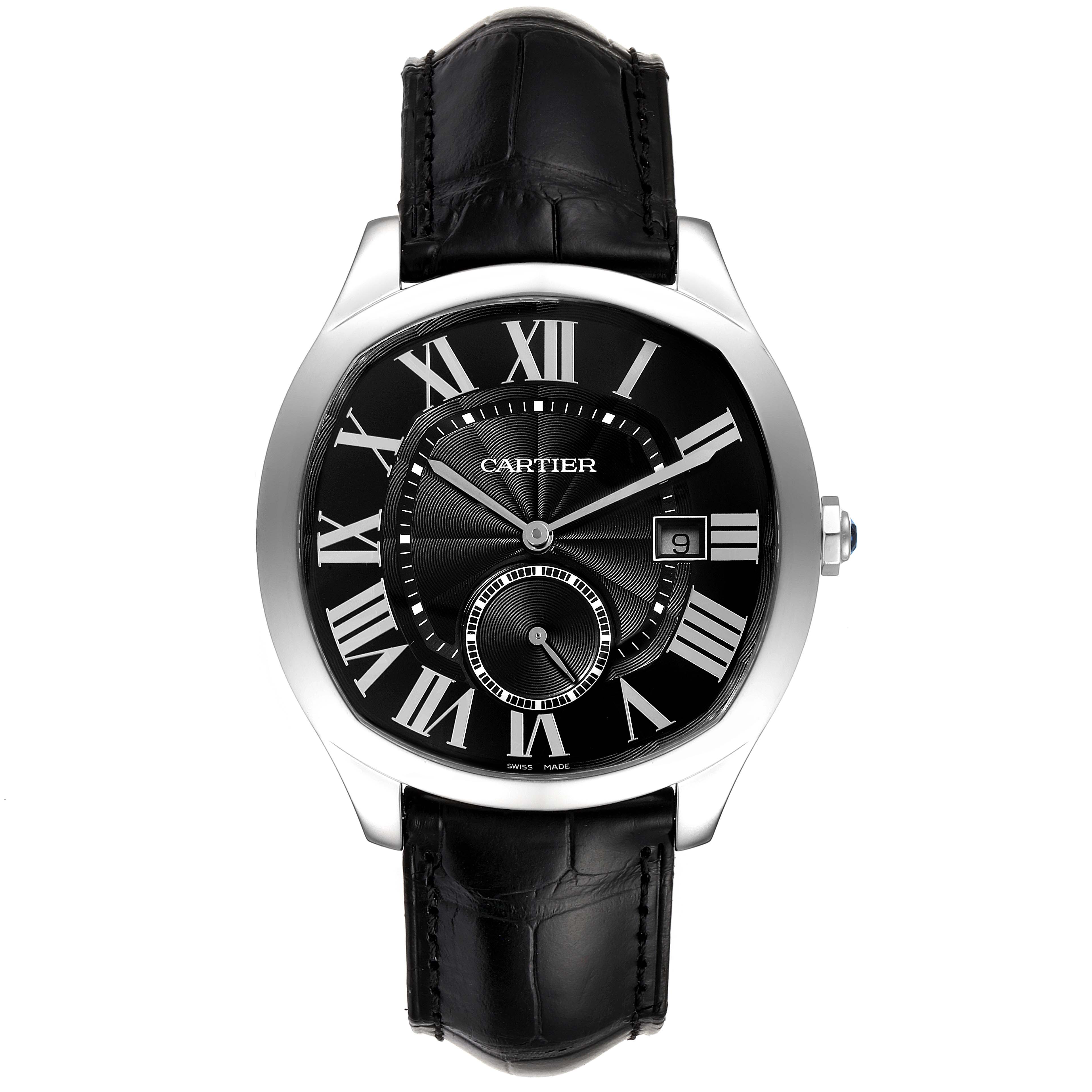 The Drive de Cartier watch is shown from a front angle, displaying the dial, Roman numerals, black leather strap, and date window.