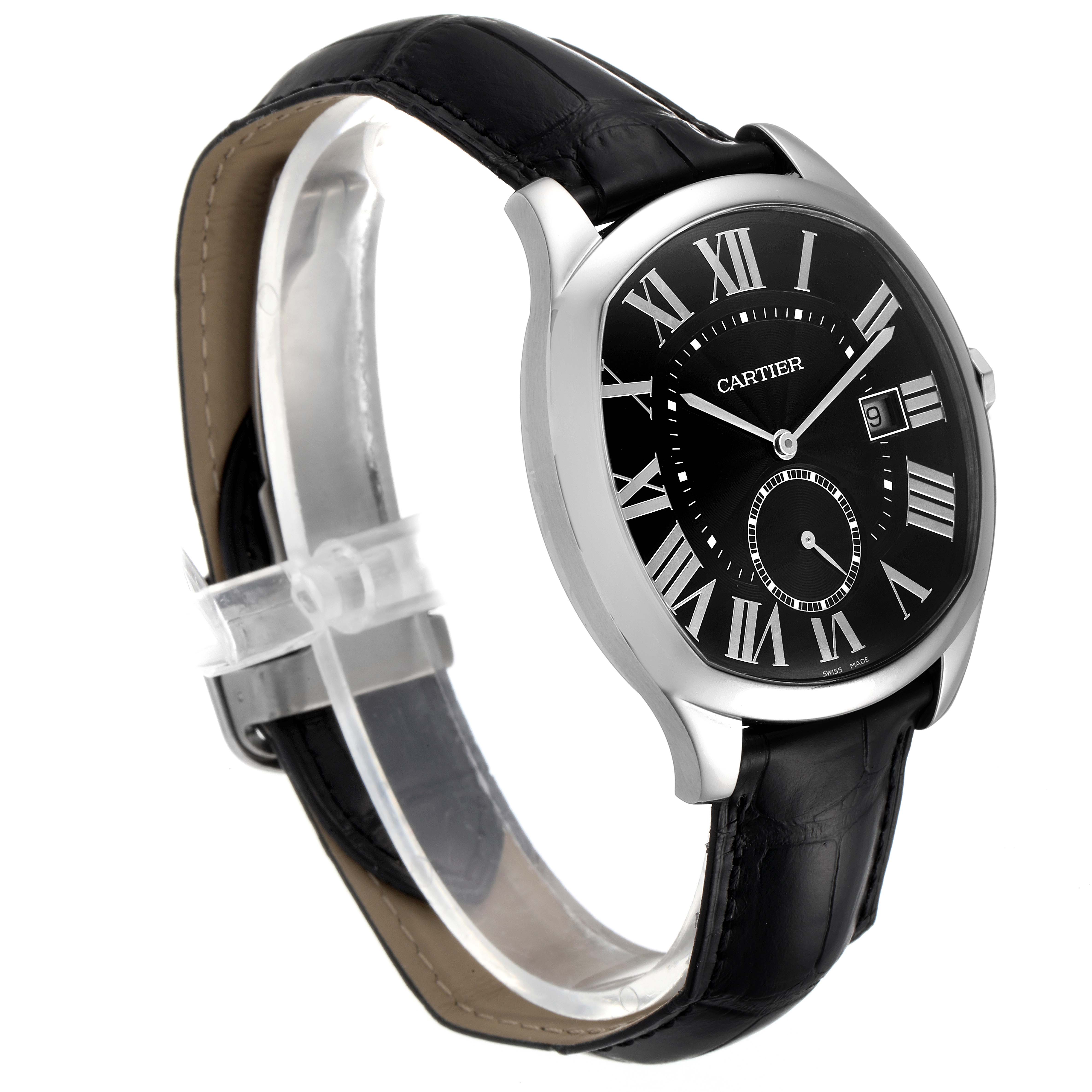 The Drive de Cartier watch is shown at a slight angle, displaying the face, case, and entire leather strap.