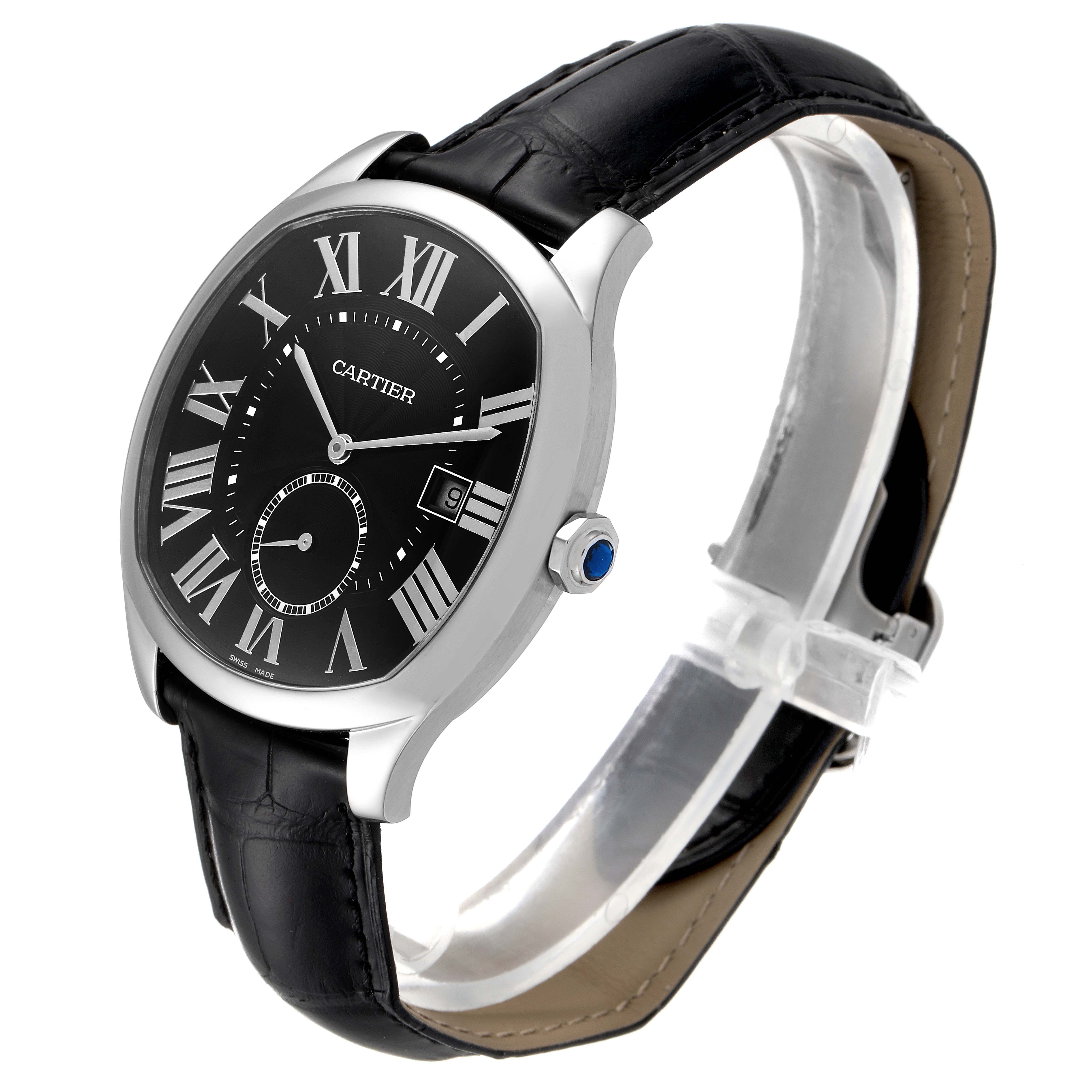 The Drive de Cartier watch is shown at a slight angle, highlighting the black dial, Roman numerals, and leather strap.