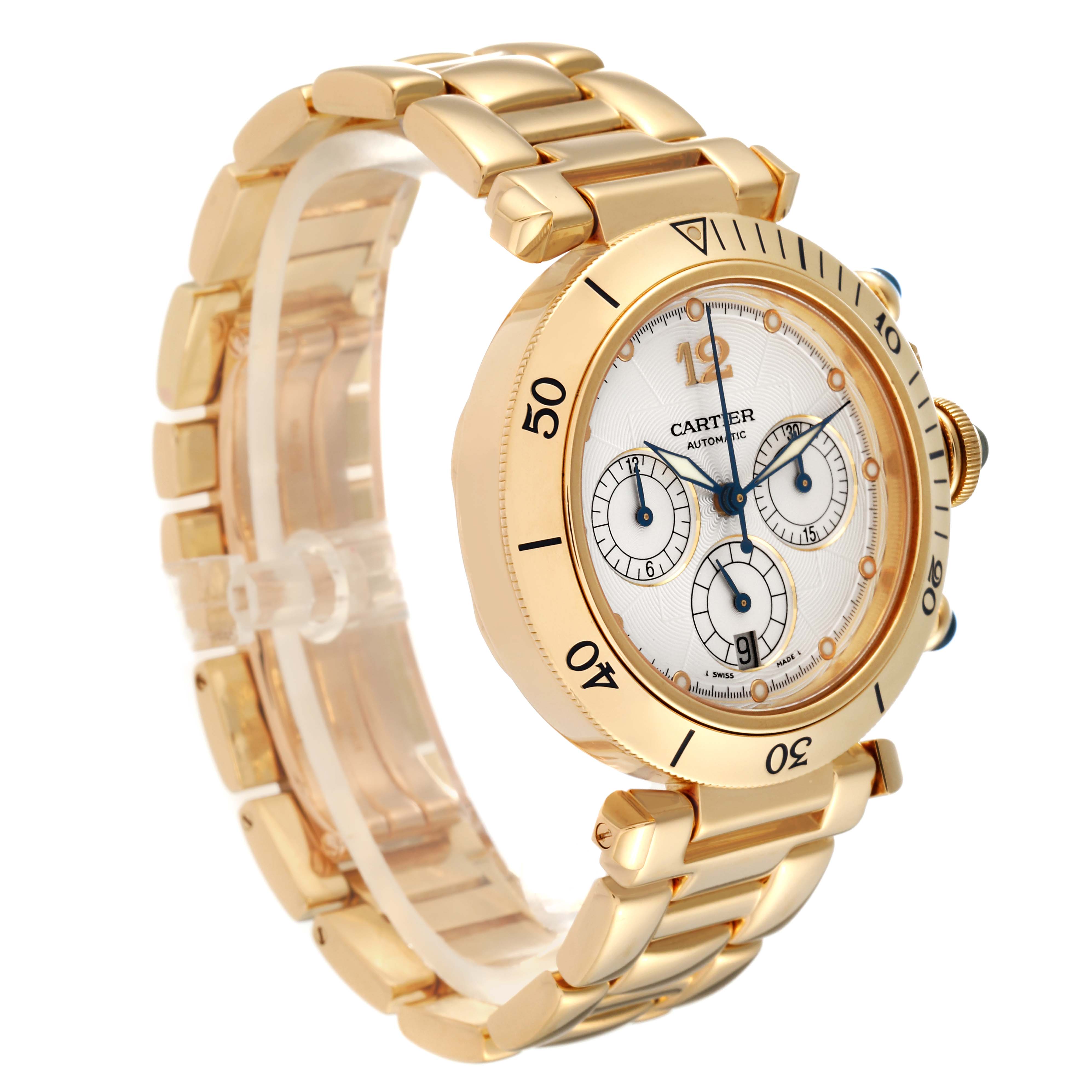 The Cartier Pasha 2111 Men's Yellow Gold Silver Dial 2111 Men's Yellow Gold Silver Dial watch is shown at an angled side view, displaying the round dial, metal bracelet, and chronograph features.