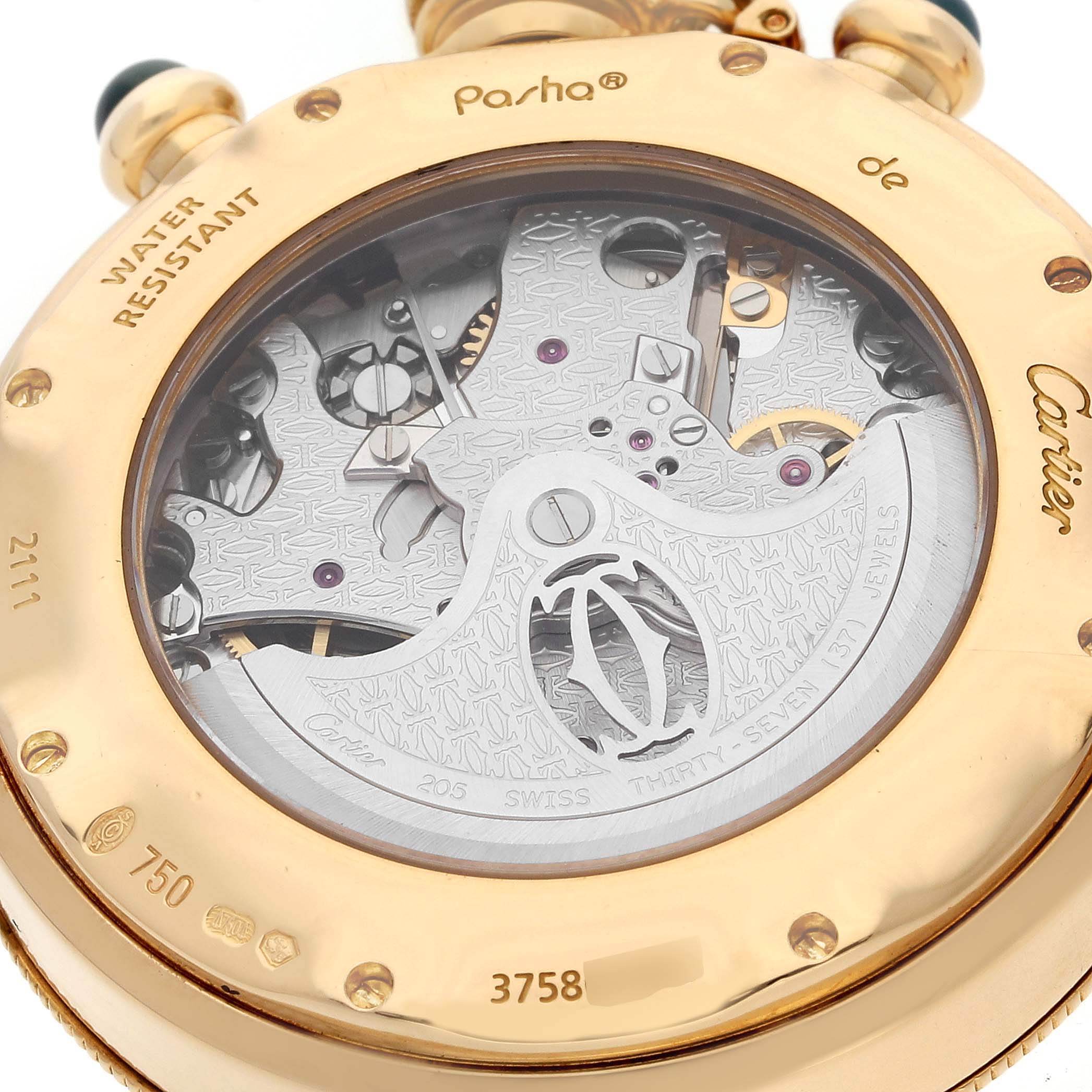 This image shows the back of the Cartier Pasha 2111 Men's Yellow Gold Silver Dial 2111 Men's Yellow Gold Silver Dial watch, displaying its intricate internal mechanism and engravings.