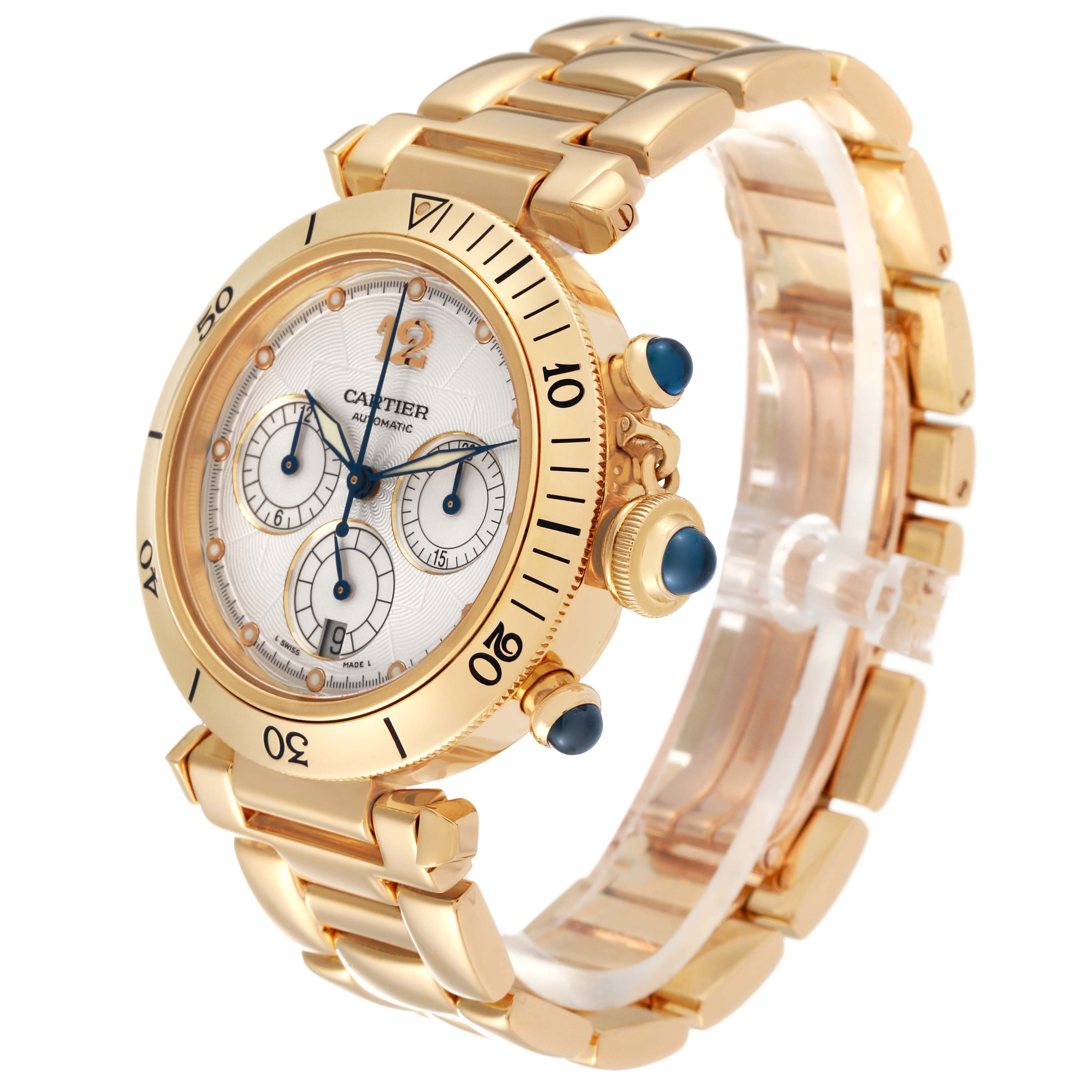 The Cartier Pasha 2111 Men's Yellow Gold Silver Dial 2111 Men's Yellow Gold Silver Dial watch is shown at a 3/4 angle highlighting the gold case, dial, bracelet, and blue cabochon details.
