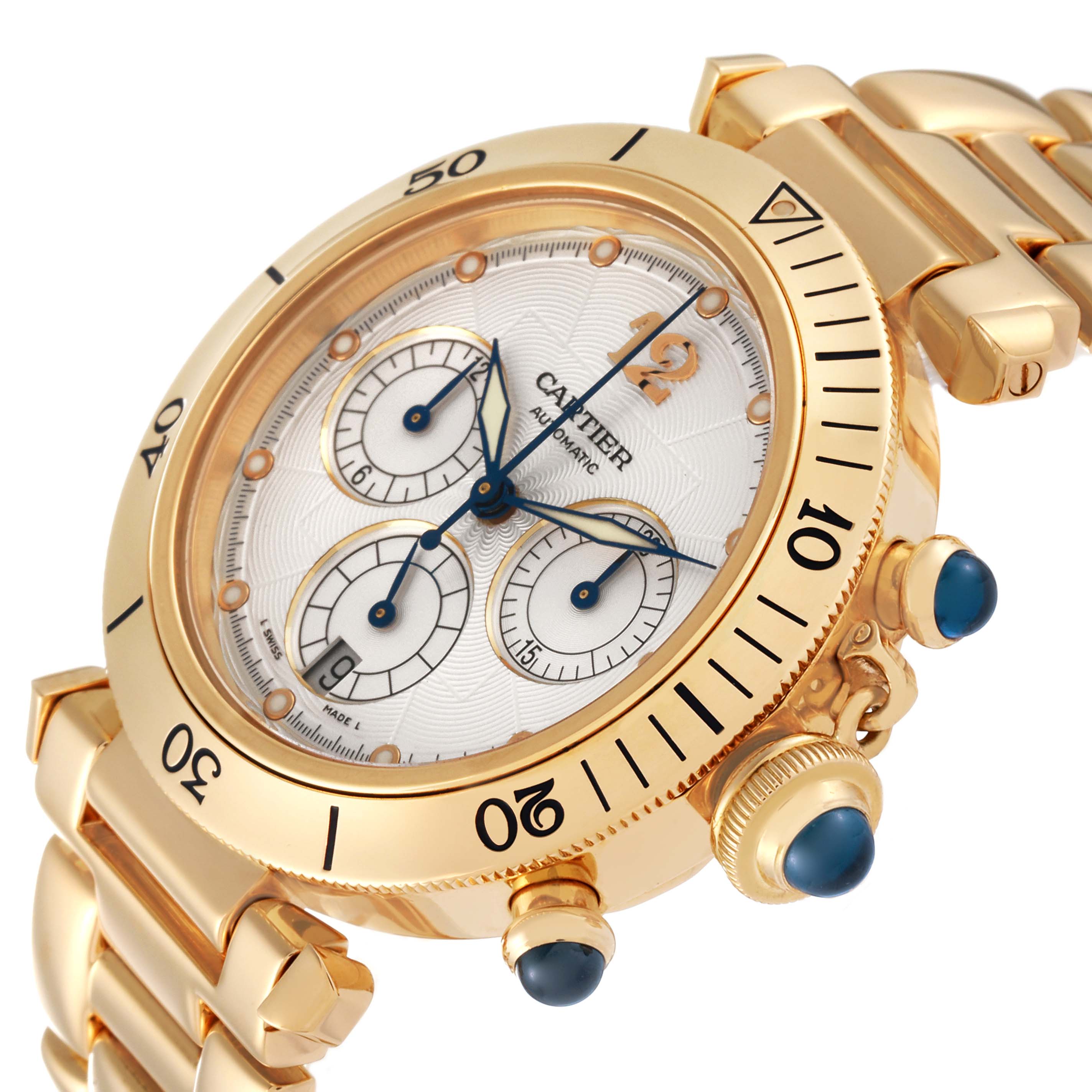 The Cartier Pasha 2111 Men's Yellow Gold Silver Dial 2111 Men's Yellow Gold Silver Dial watch is shown at a slight angle, highlighting the face, bezel, subdials, crown, and part of the bracelet.