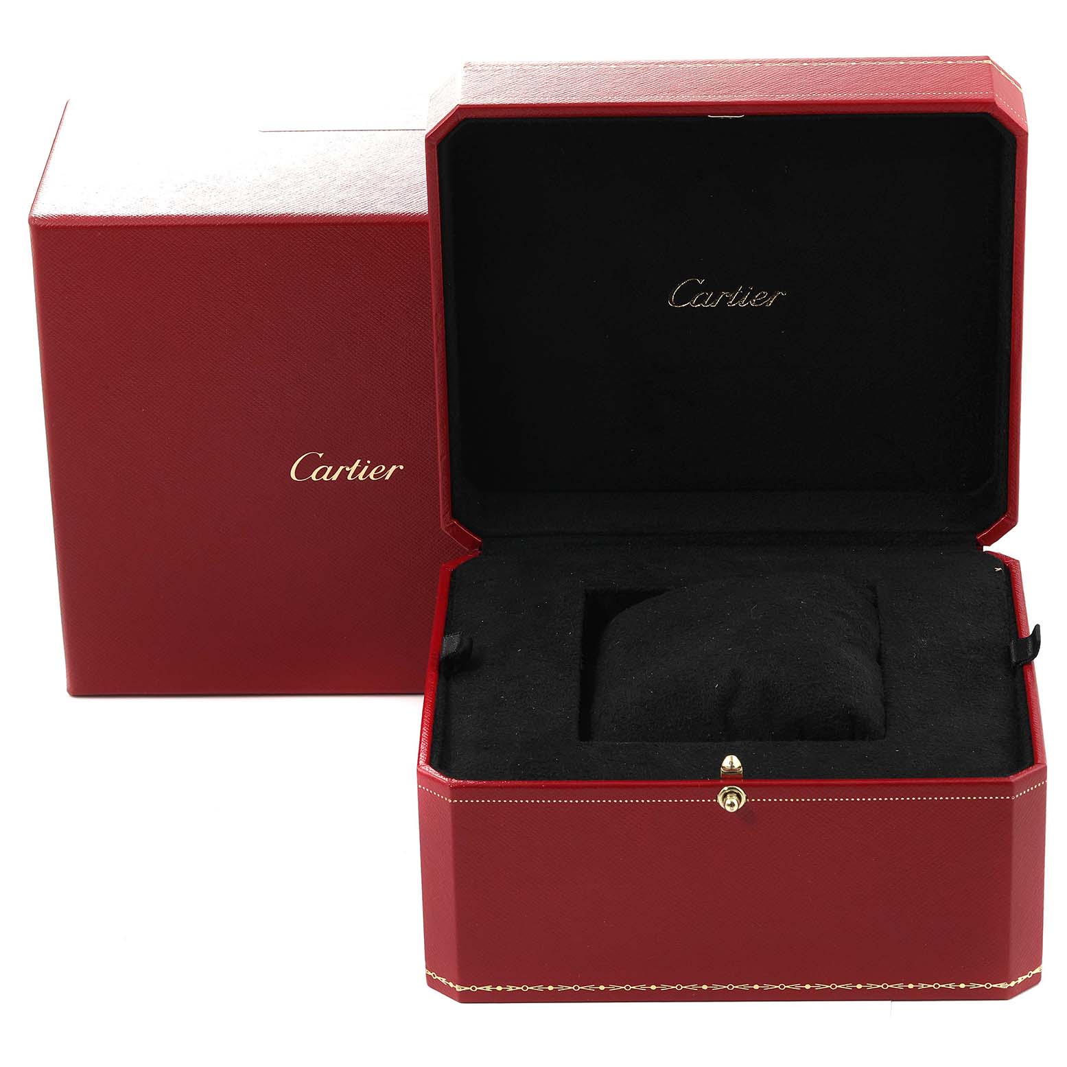 The image shows the open red box for the Cartier Pasha 2111 Men's Yellow Gold Silver Dial 2111 Men's Yellow Gold Silver Dial watch, displaying the brand name inside the lid.