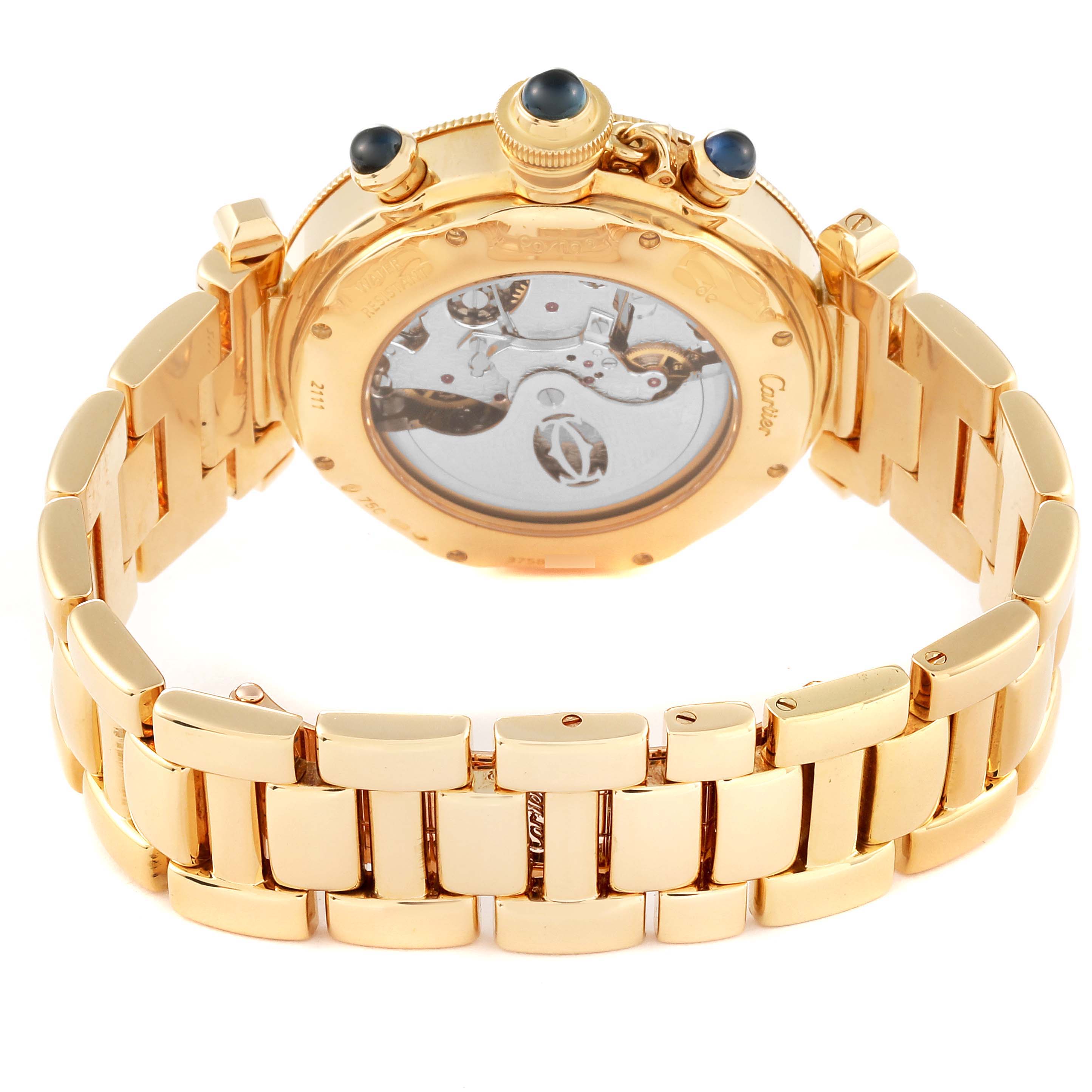 The image shows the backside and bracelet of a Cartier Pasha 2111 Men's Yellow Gold Silver Dial 2111 Men's Yellow Gold Silver Dial watch with an open case back view.