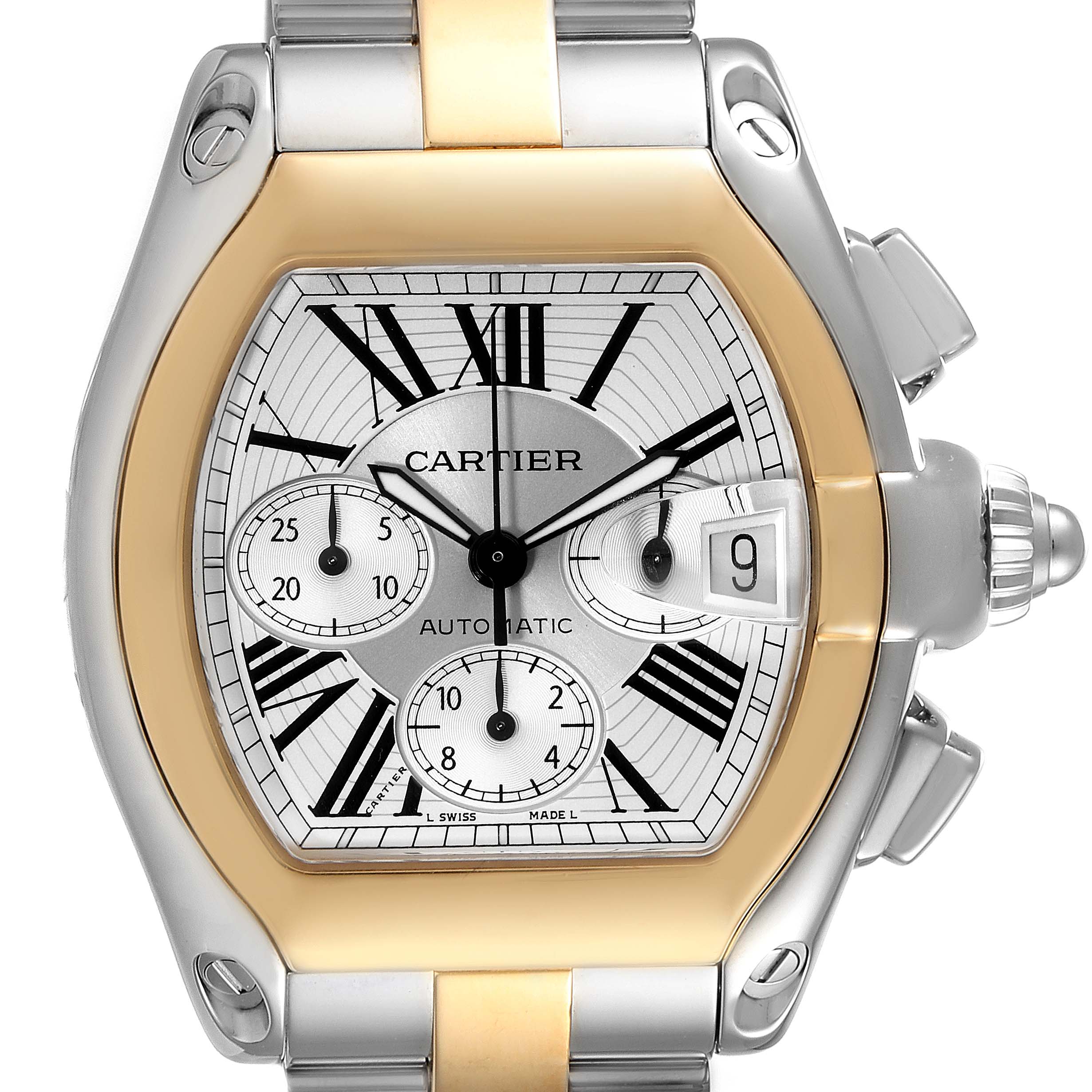 The Cartier Roadster W62027Z1 Men's Steel and Gold (two tone) Silver Dial W62027Z1 Men's Steel and Gold (two tone) Silver Dial watch is shown from the front, highlighting the dial, case, and part of the bracelet.