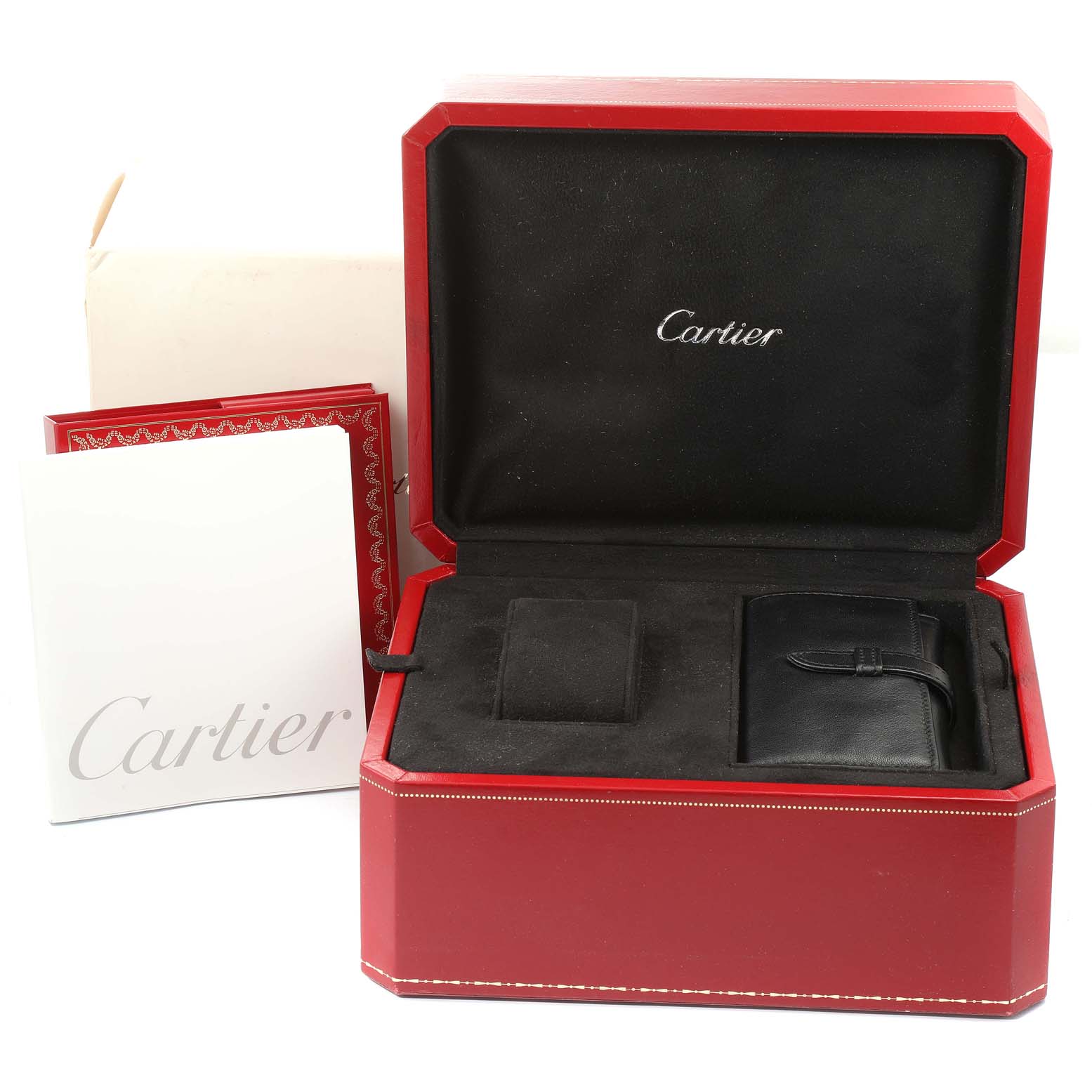 The image shows a Cartier Roadster W62027Z1 Men's Steel and Gold (two tone) Silver Dial W62027Z1 Men's Steel and Gold (two tone) Silver Dial model box set, including a red box, a booklet, and an accessory pouch.