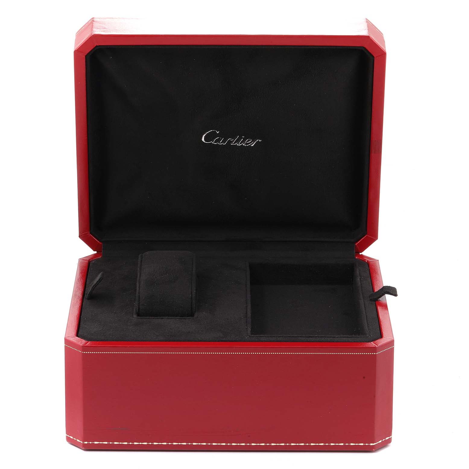 The image shows an open Cartier watch box for the Roadster model, featuring black interior lining.