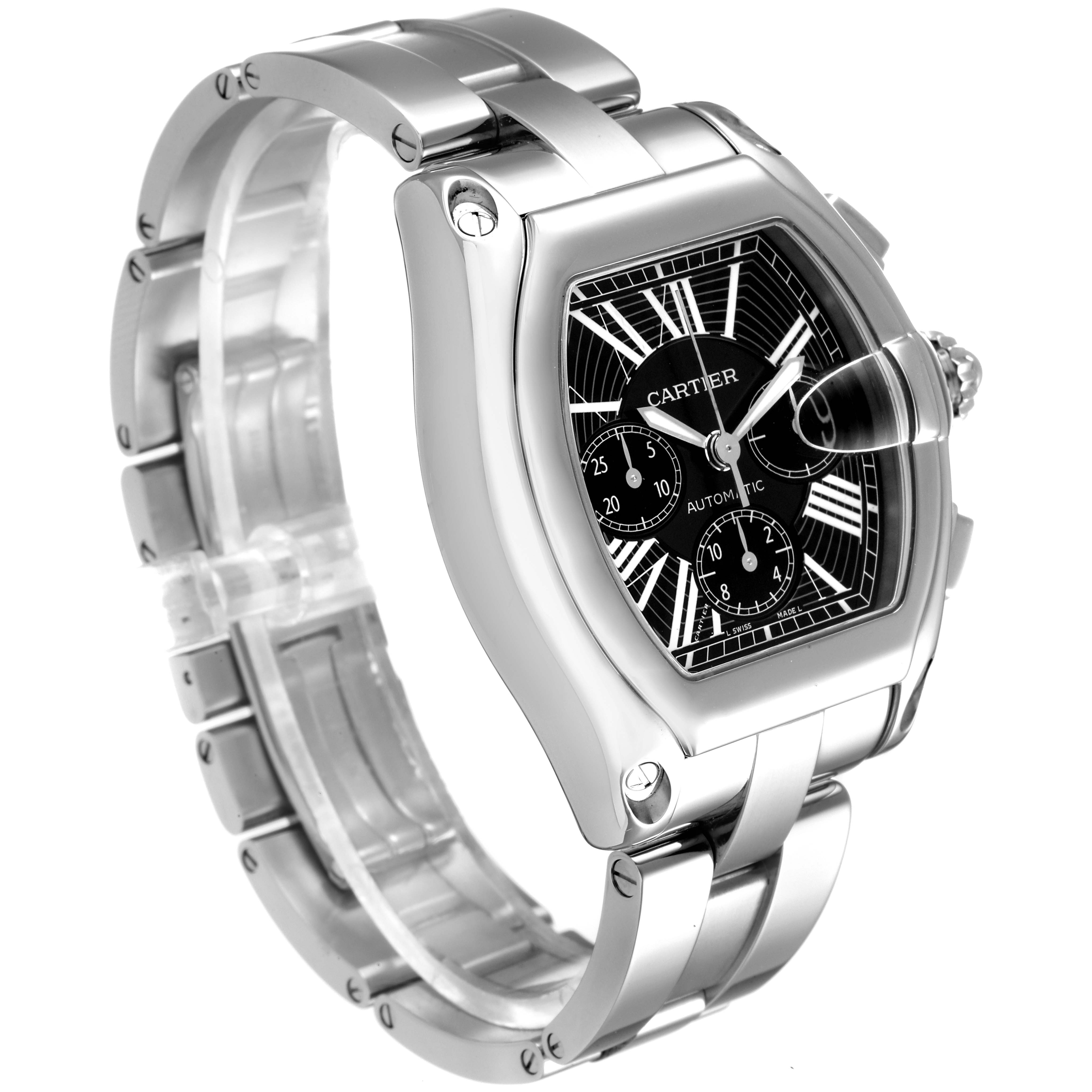 The Cartier Roadster W62020X6 Men
s Stainless Steel Black Dial W62020X6 Men
s Stainless Steel Black Dial watch is shown at a three-quarters angle, highlighting its face, case, and stainless steel bracelet.