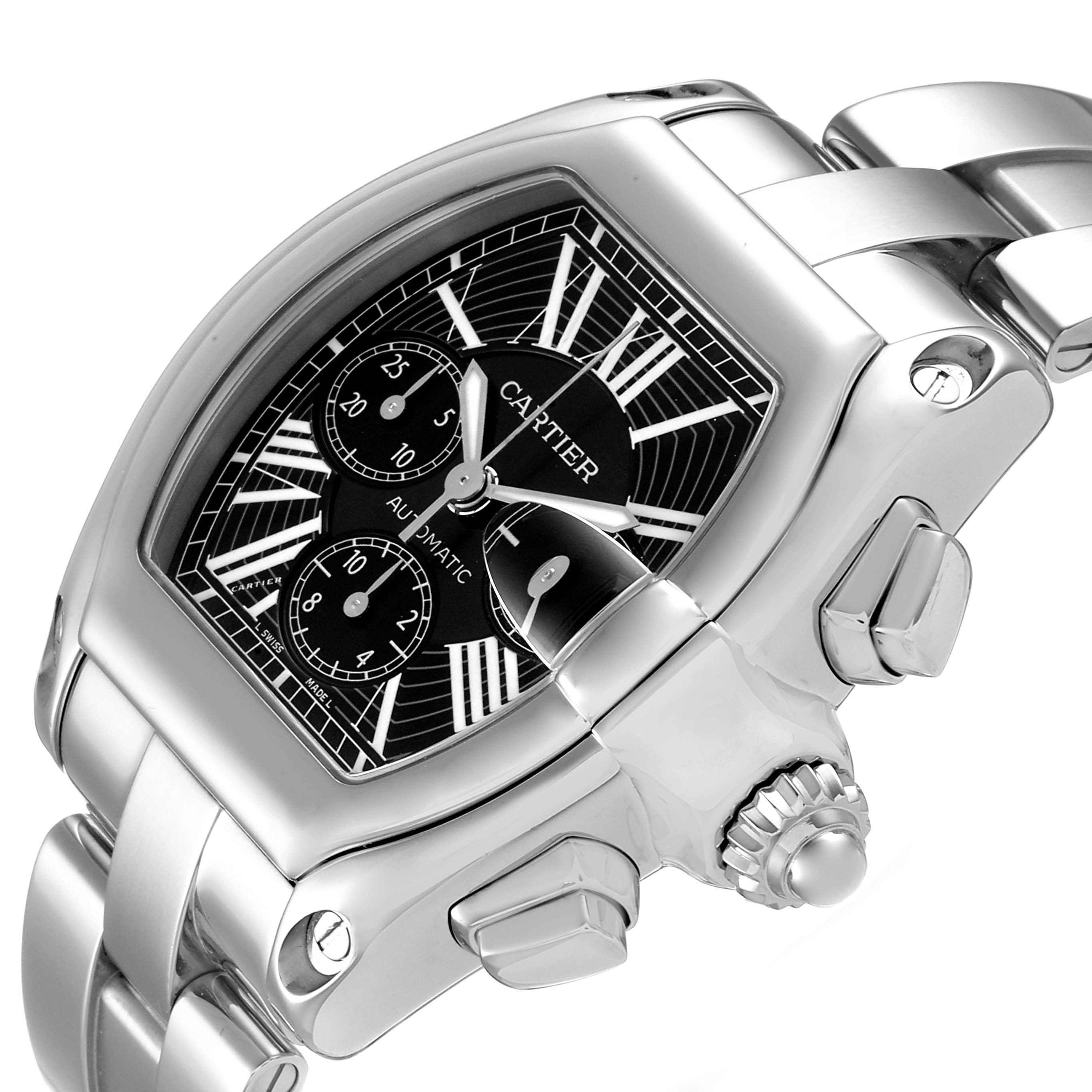 The Cartier Roadster W62020X6 Men
s Stainless Steel Black Dial W62020X6 Men
s Stainless Steel Black Dial watch is shown at an angle highlighting the case, crown, and bracelet.