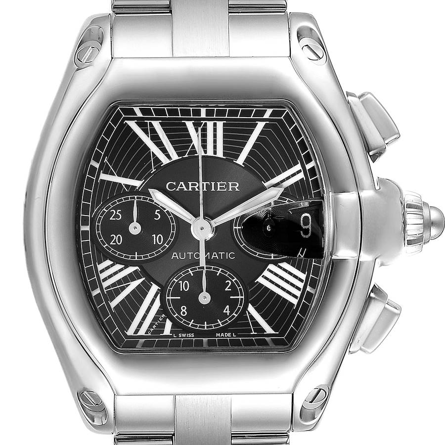 The Cartier Roadster watch is shown from a front angle, highlighting its dial, crown, and chronograph features.