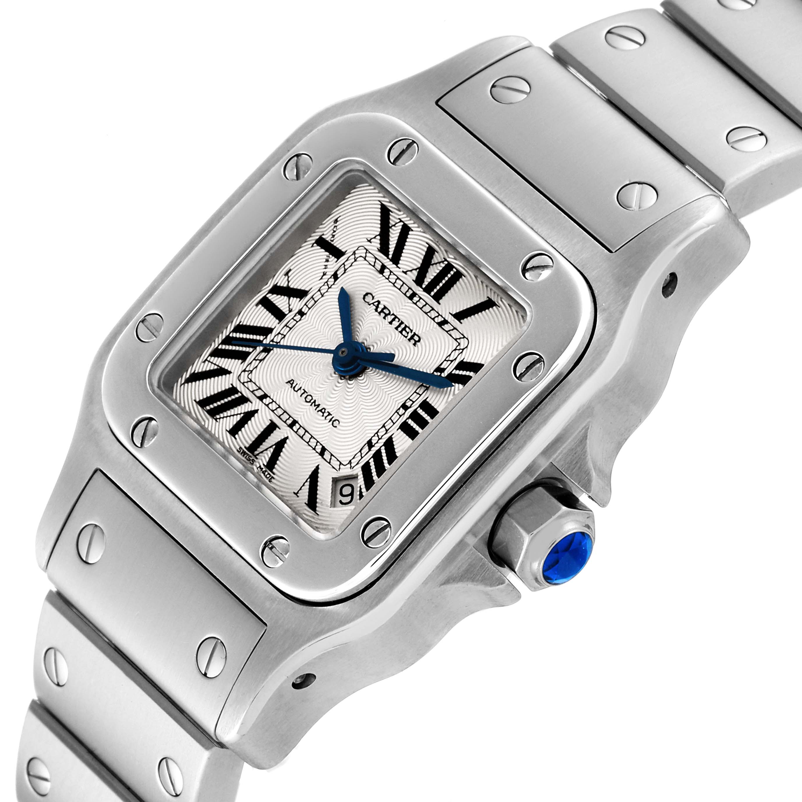 The Cartier Santos W20054D6 Women's Stainless Steel Silver Dial W20054D6 Women's Stainless Steel Silver Dial watch is shown at a slight angle, highlighting the face, bezel, crown, and part of the bracelet.