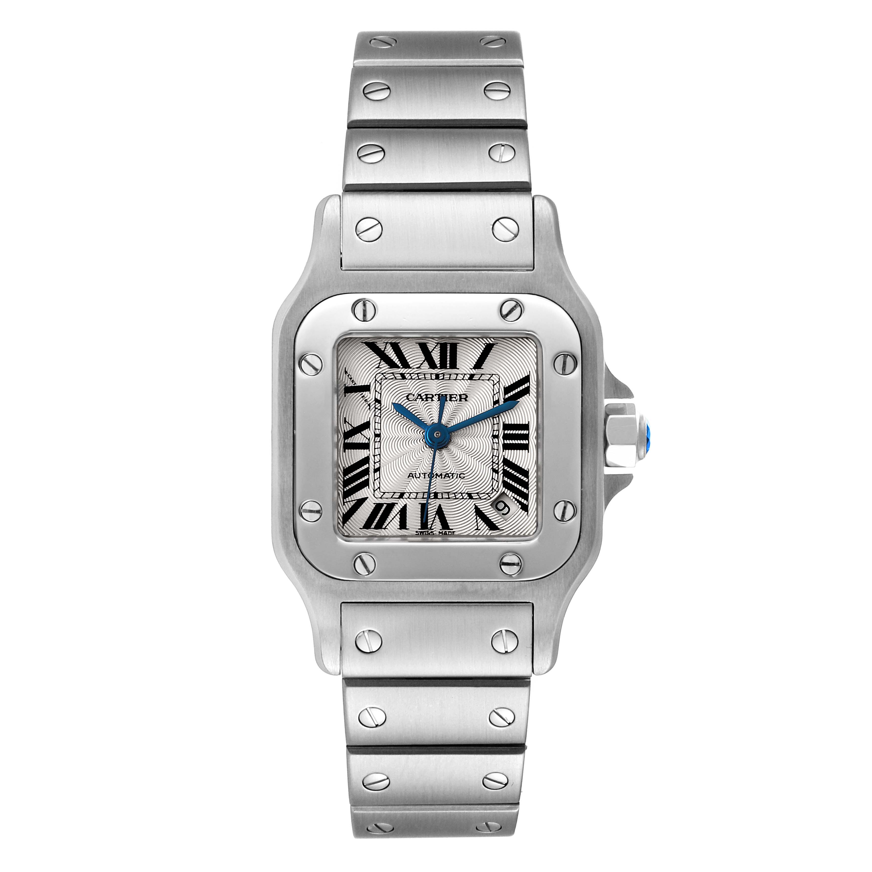 The image shows a Cartier Santos W20054D6 Women's Stainless Steel Silver Dial W20054D6 Women's Stainless Steel Silver Dial watch from a top-down angle, displaying the face, bezel, and bracelet.